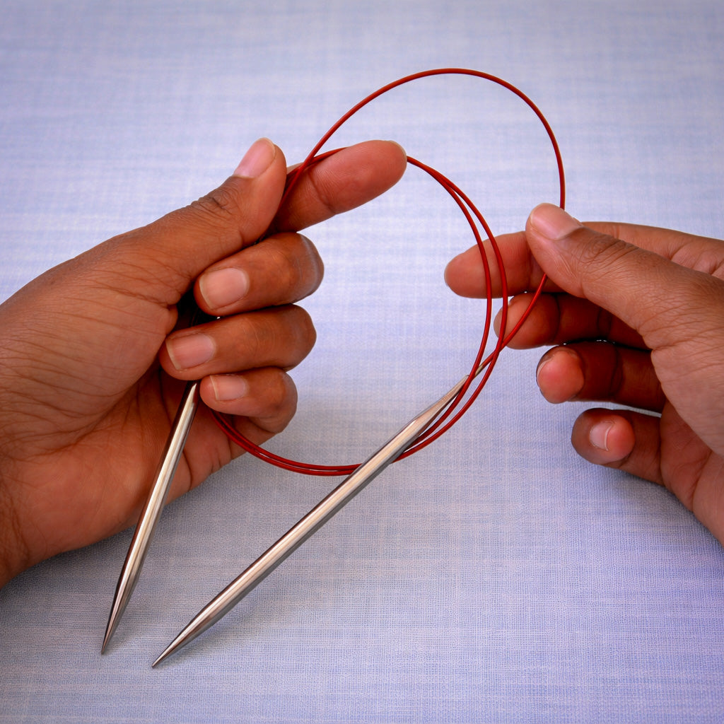 Two hands holding a ChiaoGoo stainless steel circular knitting needle with a red cable against a light blue linen background