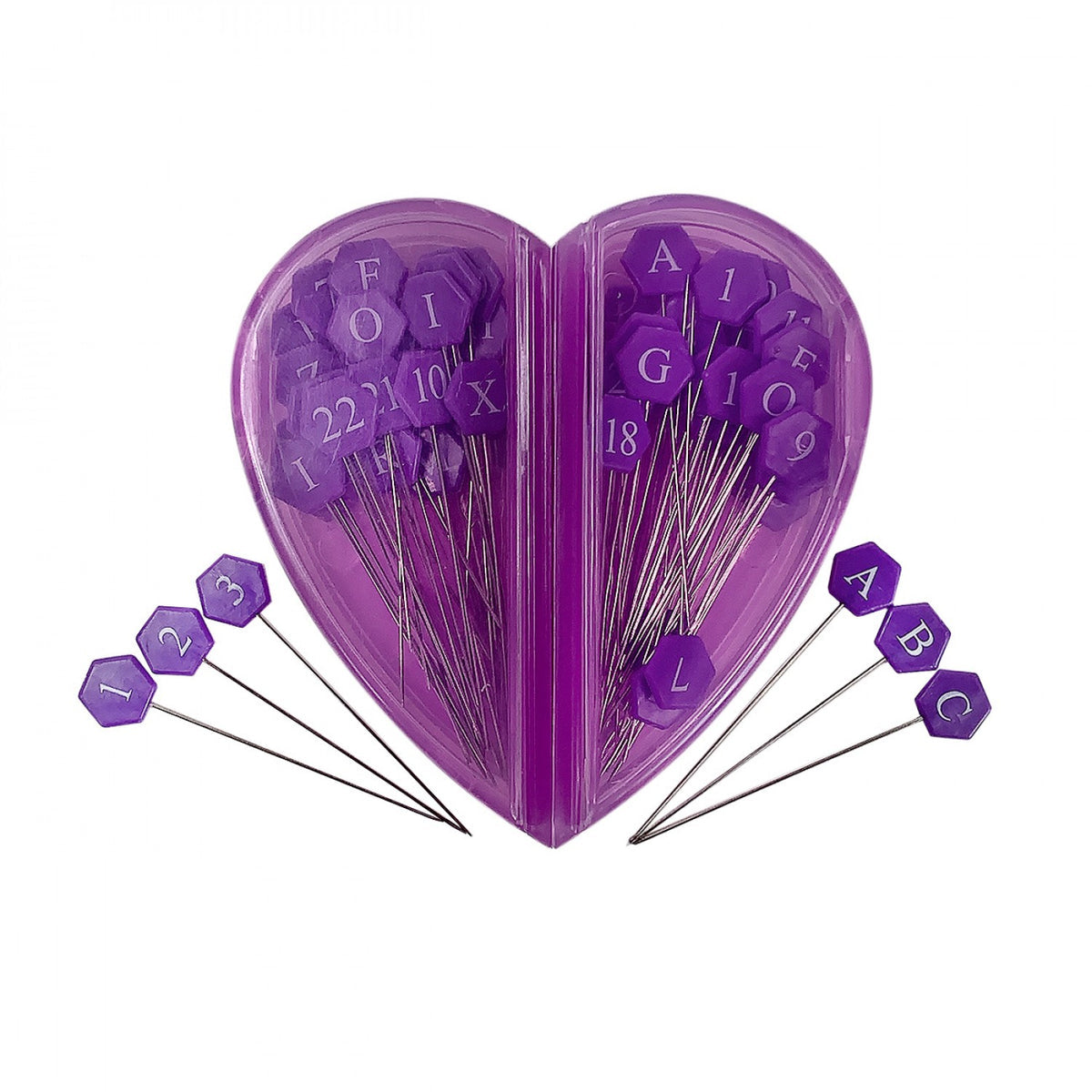 ABC 123 Cool Pins from The Gypsy Quilter: purple hexagon-head quilting pins numbered and lettered, stored in a heart-shaped purple case, with pins 1, 2, 3 and A, B, C fanned out in front