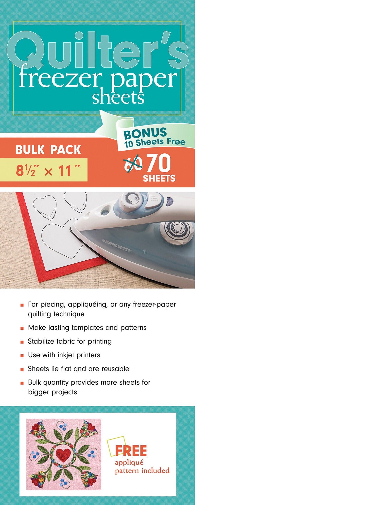 C&T Publishing Quilter's Freezer Paper Sheets bulk pack of 70 printable 8.5 x 11 inch sheets, shown with an iron pressing heart applique templates and a free applique pattern offer