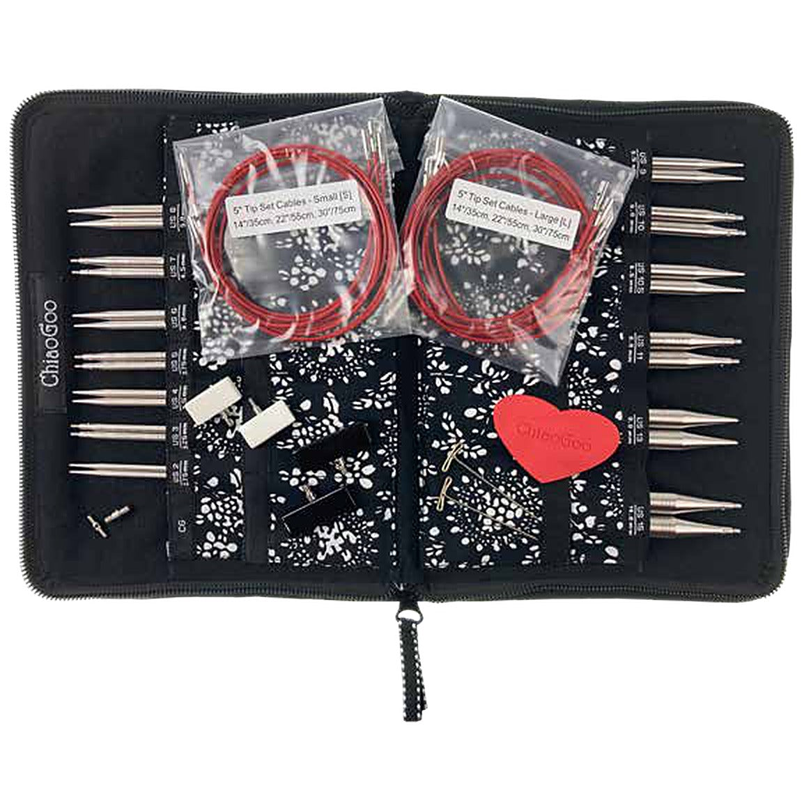 ChiaoGoo TWIST 5-Inch Interchangeable Complete Set open in its floral zippered case: steel tips in labeled pockets US-2 to US-15, red cables, stoppers, keys, and heart gripper.