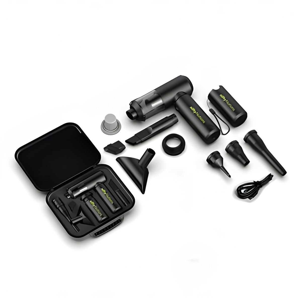 The SewClean kit spread out on white beside its open travel case: vacuum, detachable battery, six attachments, ring adapter, a white pleated filter, and the USB-C cable.