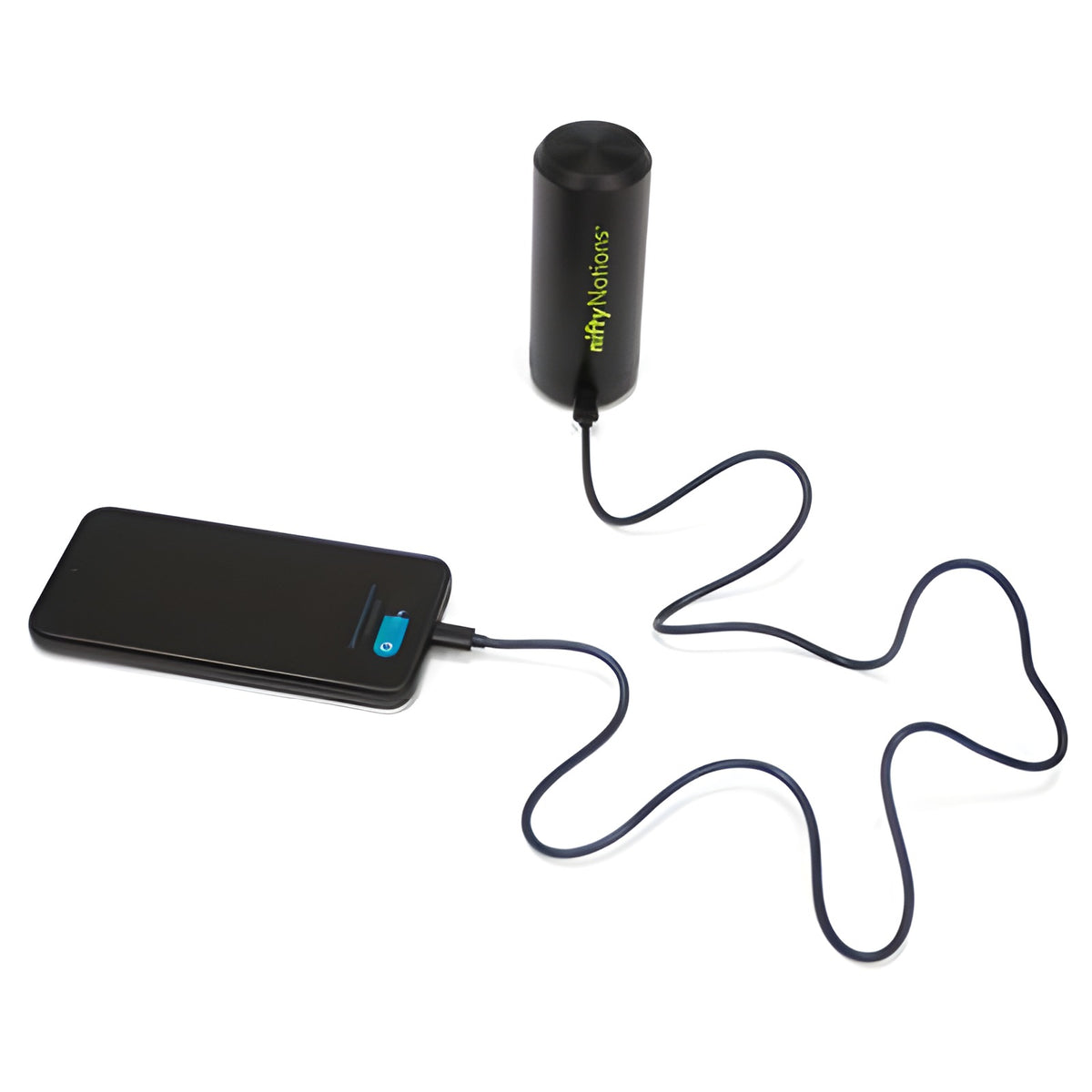 The SewClean battery detached from the vacuum and connected by USB-C cable to a phone, charging it as a power bank.