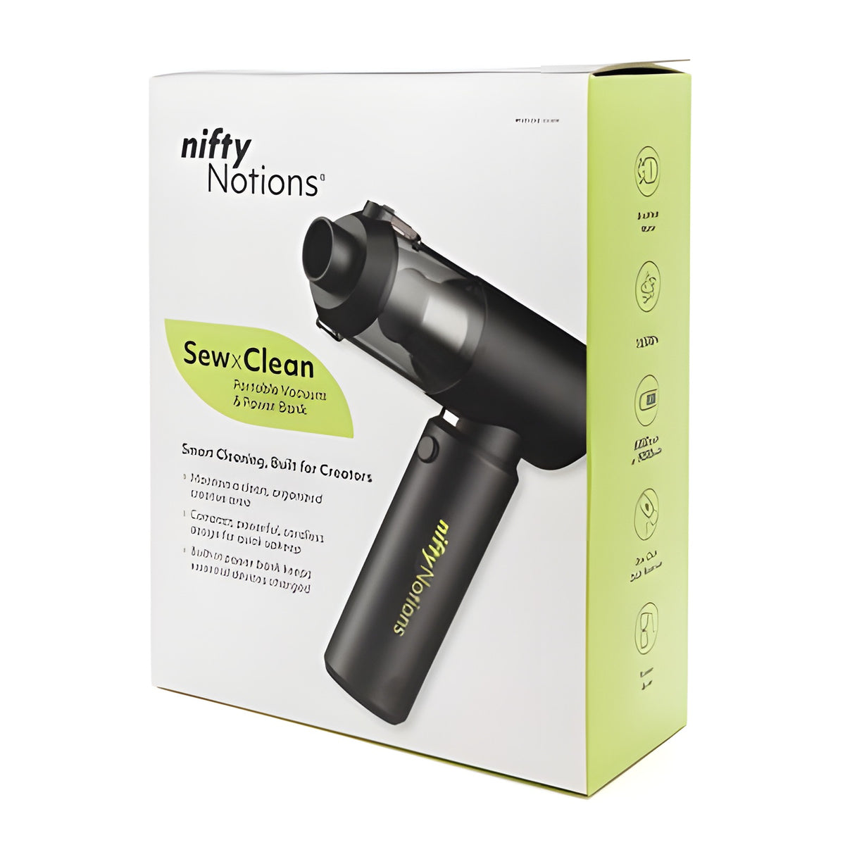 Nifty Notions retail box for the SewClean Portable Vacuum & Power Bank, white with a green side panel, photographed at an angle showing the front photo of the vacuum and the feature icons on the side.