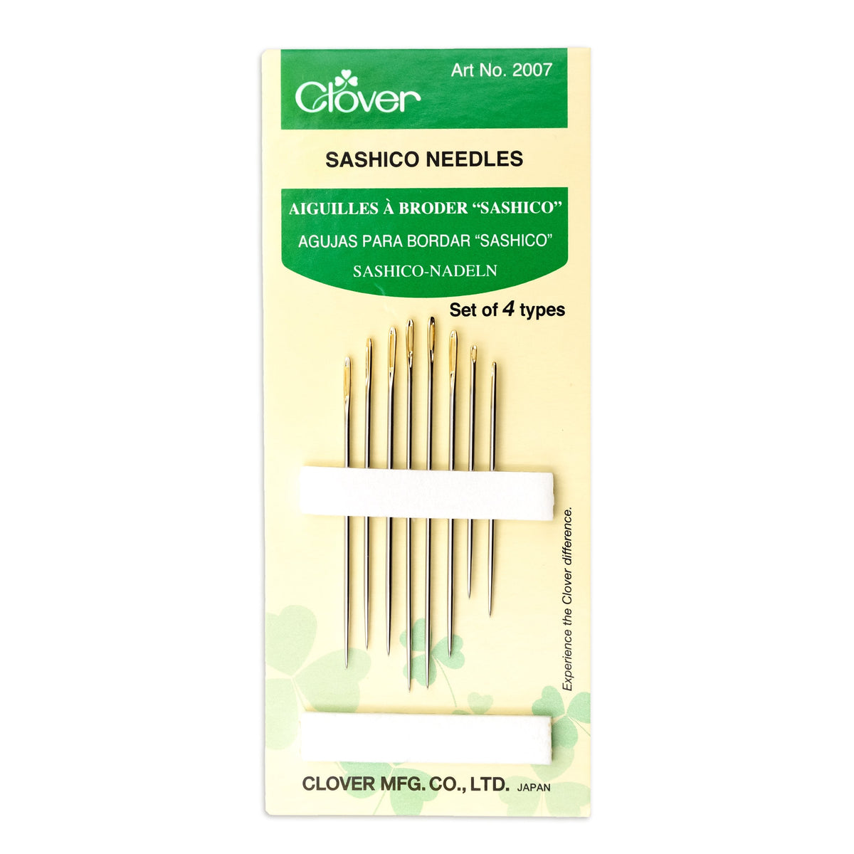 Clover sashiko needles, Art No. 2007, on the green and cream Clover card: eight long sashiko needles with gold-plated eyes held under two white foam strips, labeled Set of 4 types.