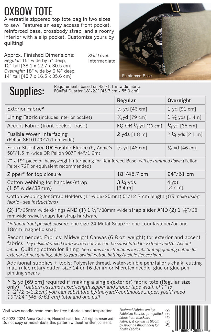 Oxbow Tote Bag Sewing Pattern by Anna Graham for Noodlehead