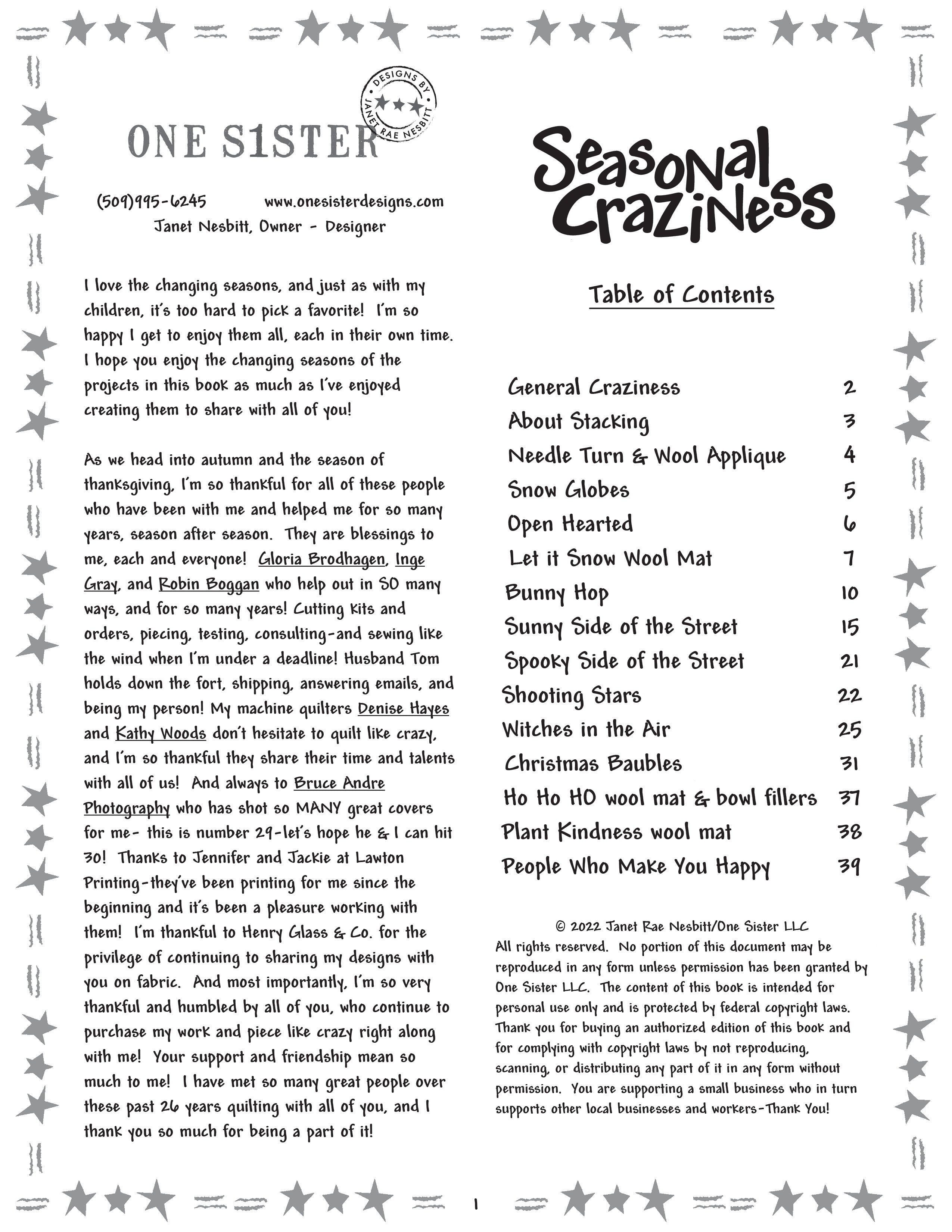 Seasonal Craziness Quilt Pattern Book by Janet Nesbitt of One Sister Designs