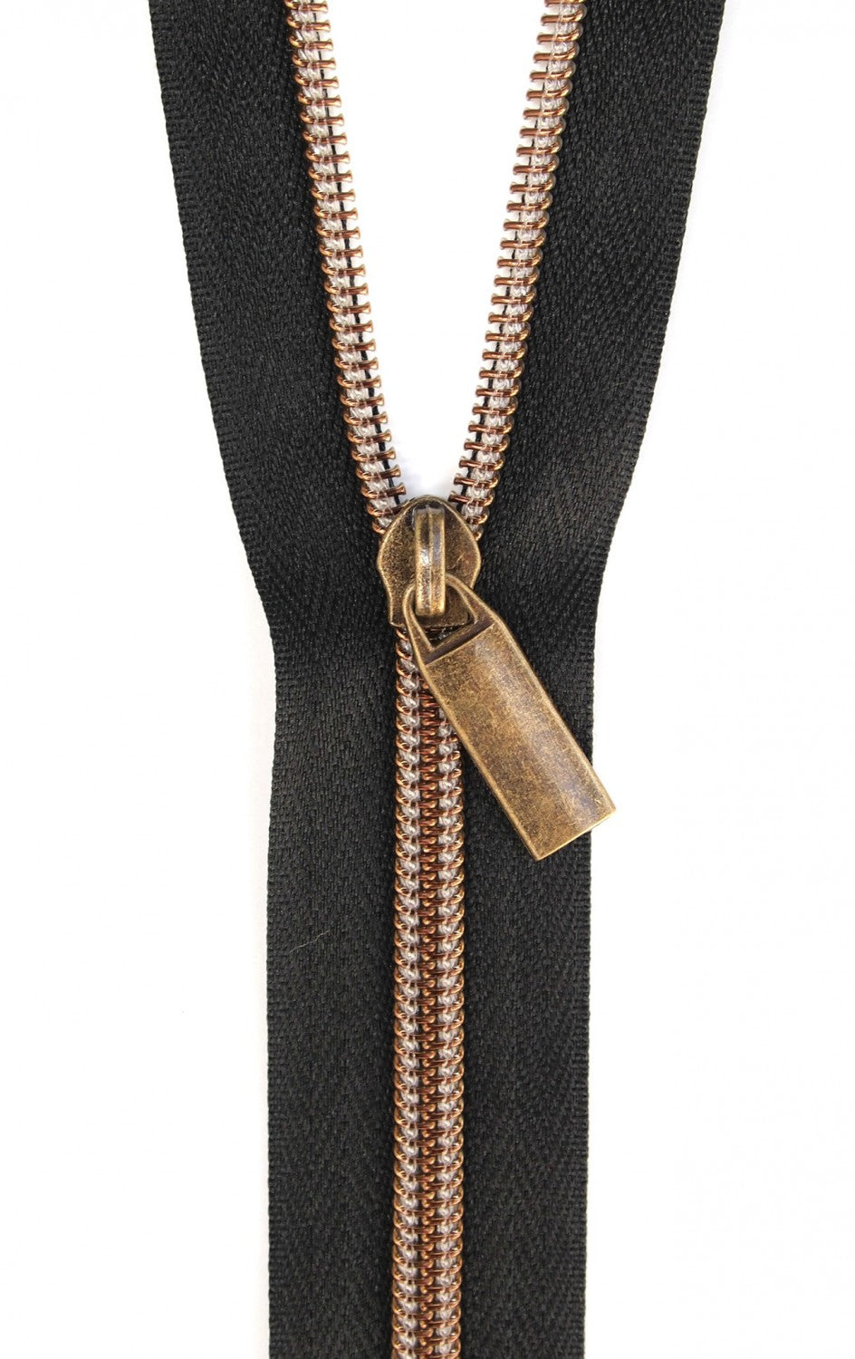 Black #5 Nylon Antique Brass Coil Zippers: 3 Yards with 9 Pulls from Sallie Tomato