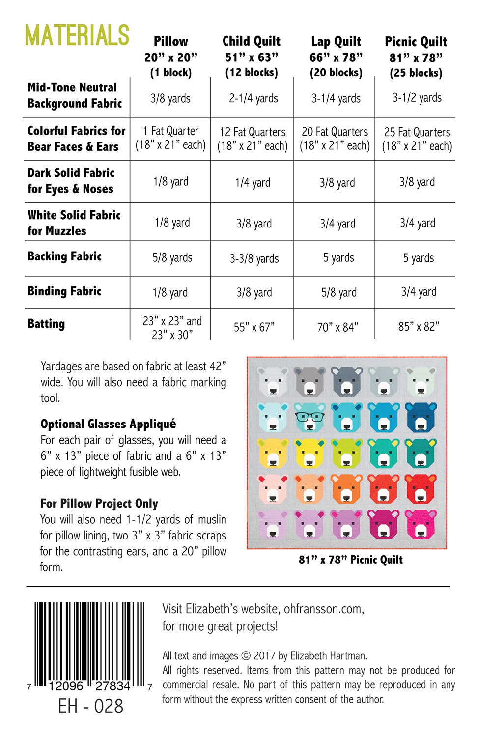 Back cover of Bjorn Bear quilt pattern by Elizabeth Hartman showing materials chart for 20 by 20 inch pillow, 51 by 63 inch child quilt, 66 by 78 inch lap quilt, and 81 by 78 inch picnic quilt, with fat quarter requirements per block, optional glasses applique notes, and a layout diagram of the 25-block picnic quilt in a rainbow of colors.