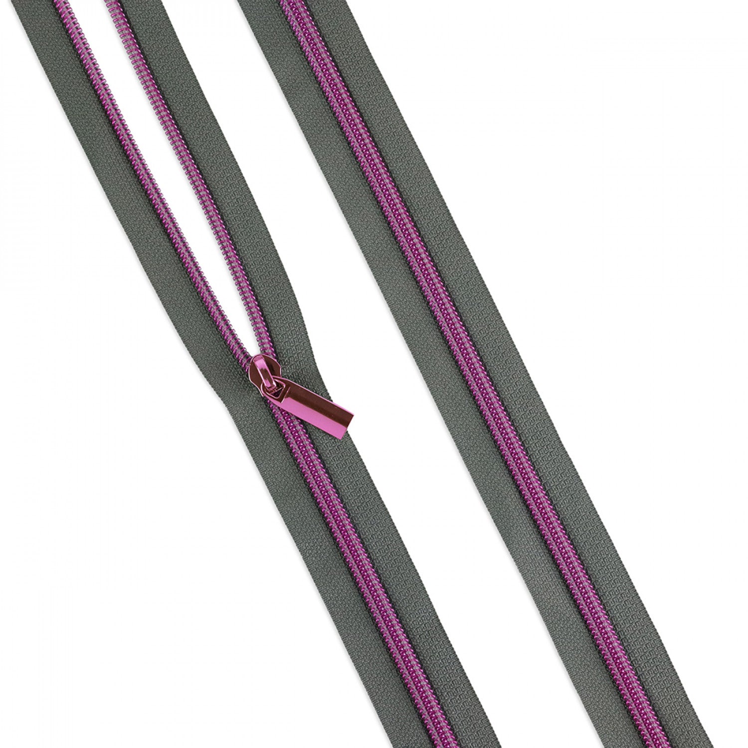 Grey #5 Nylon Pink Coil Zipper 3 Yards and 9 Pulls by Tula Pink for Sallie Tomato