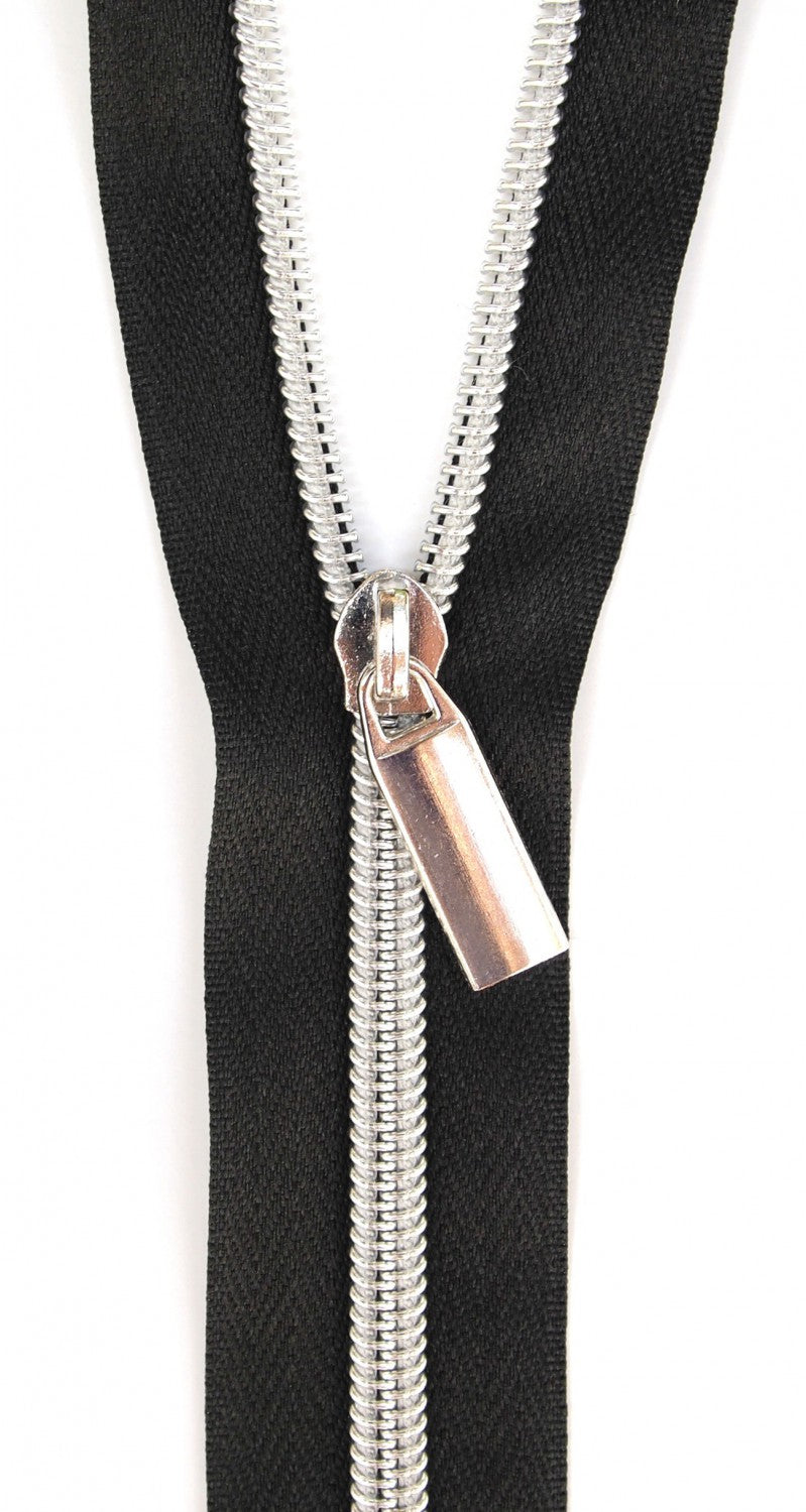 Black #5 Nylon Nickel Coil Zippers: 3 Yards with 9 Pulls from Sallie Tomato