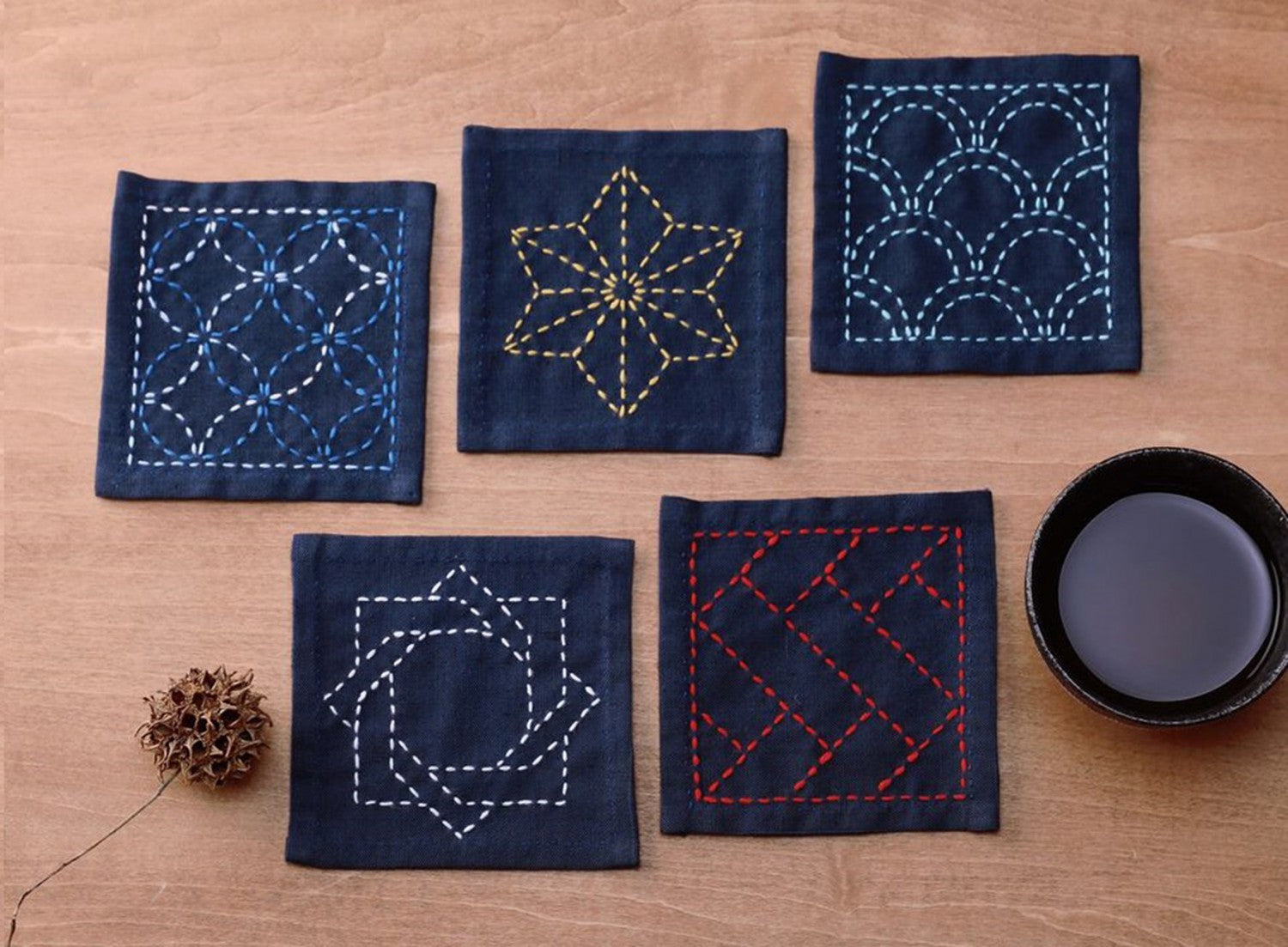 Sashiko Tsumugi Sampler Coasters Navy Blue from EmmaCreation