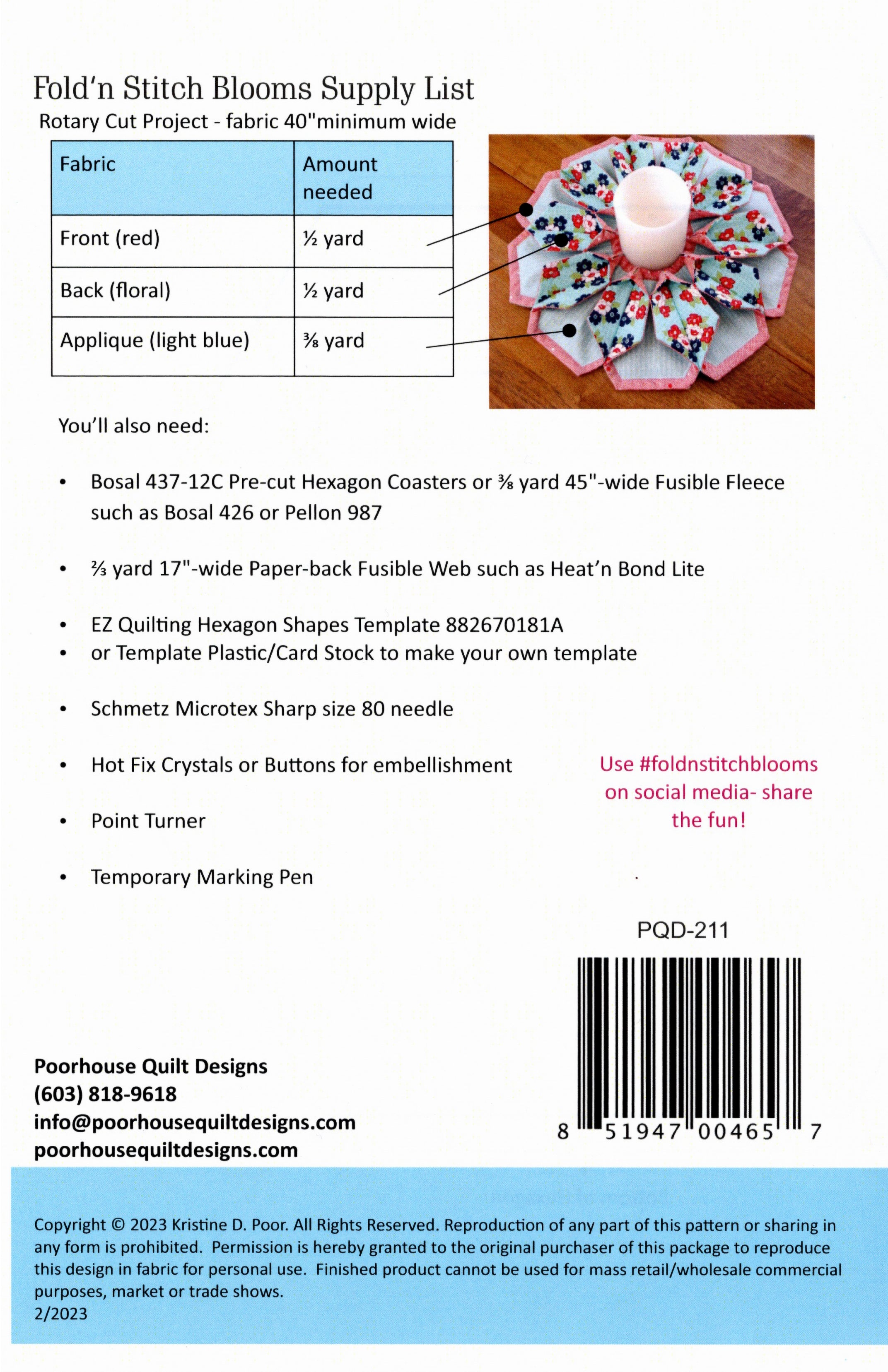 Back cover of Fold'n Stitch Blooms pattern provides supplies list