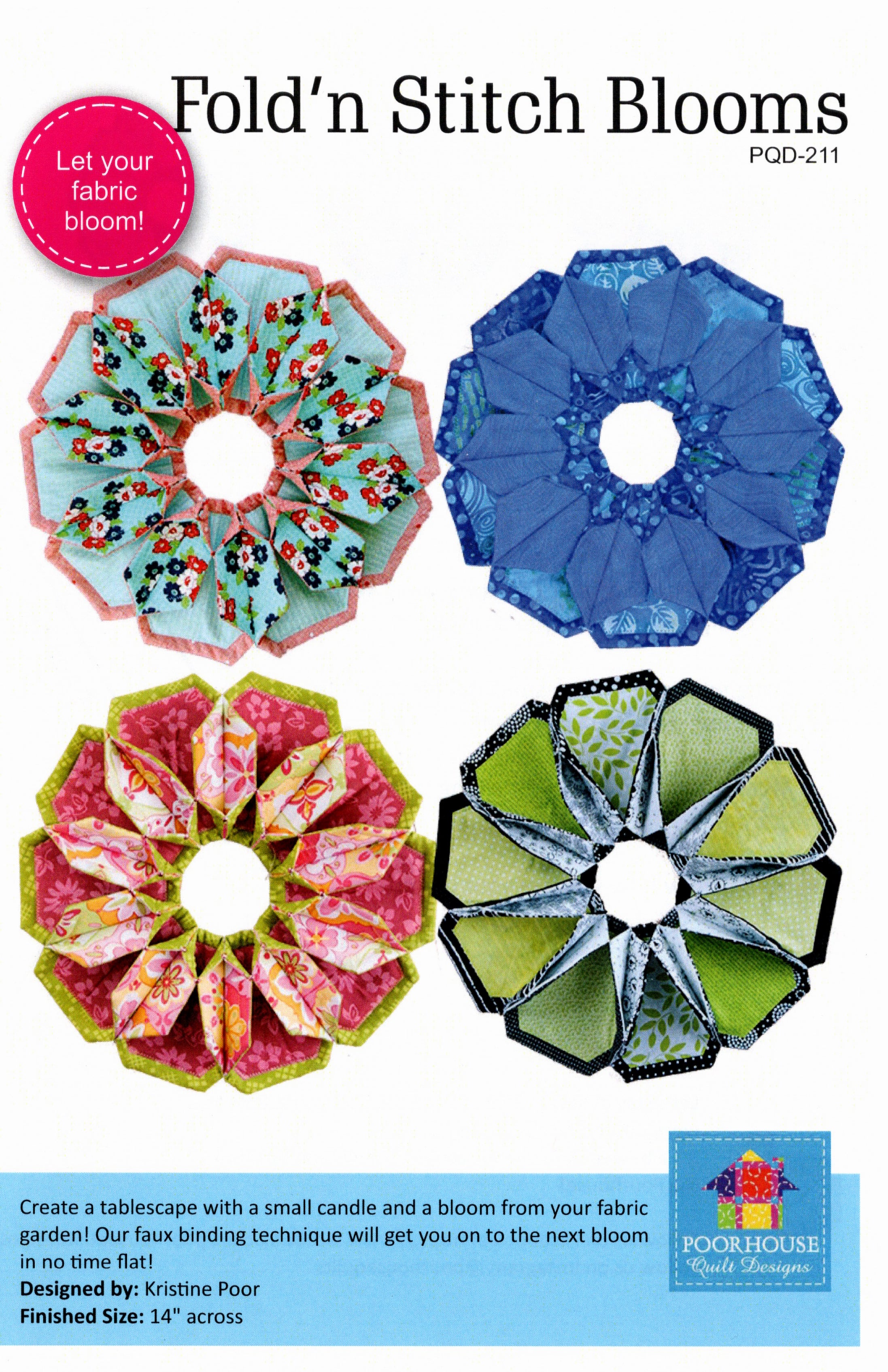 Front cover of Fold'n Stitch Blooms pattern shows completed project in 4 color-ways