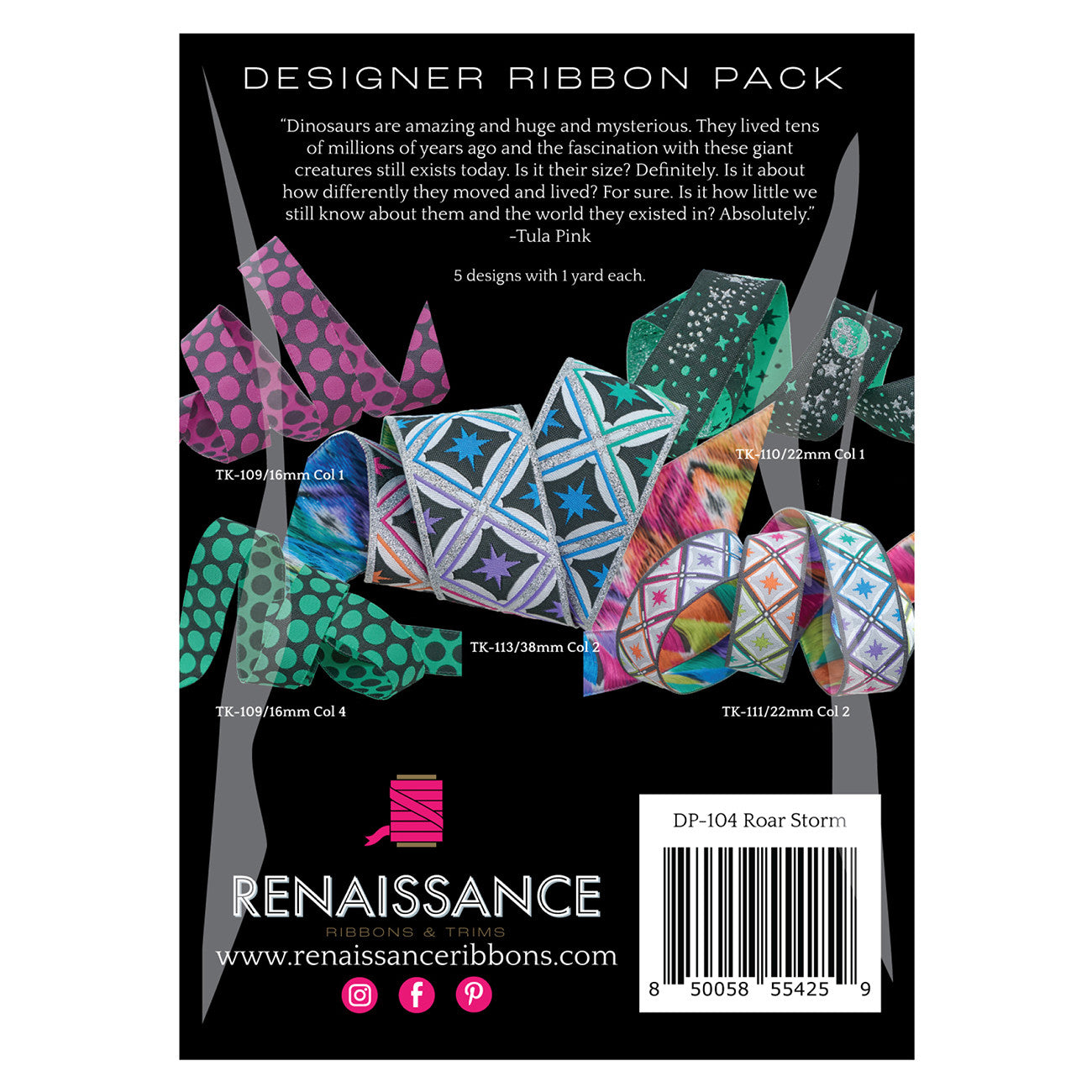 Roar in Storm Designer Ribbon Pack by Tula Pink for Renaissance Ribbons