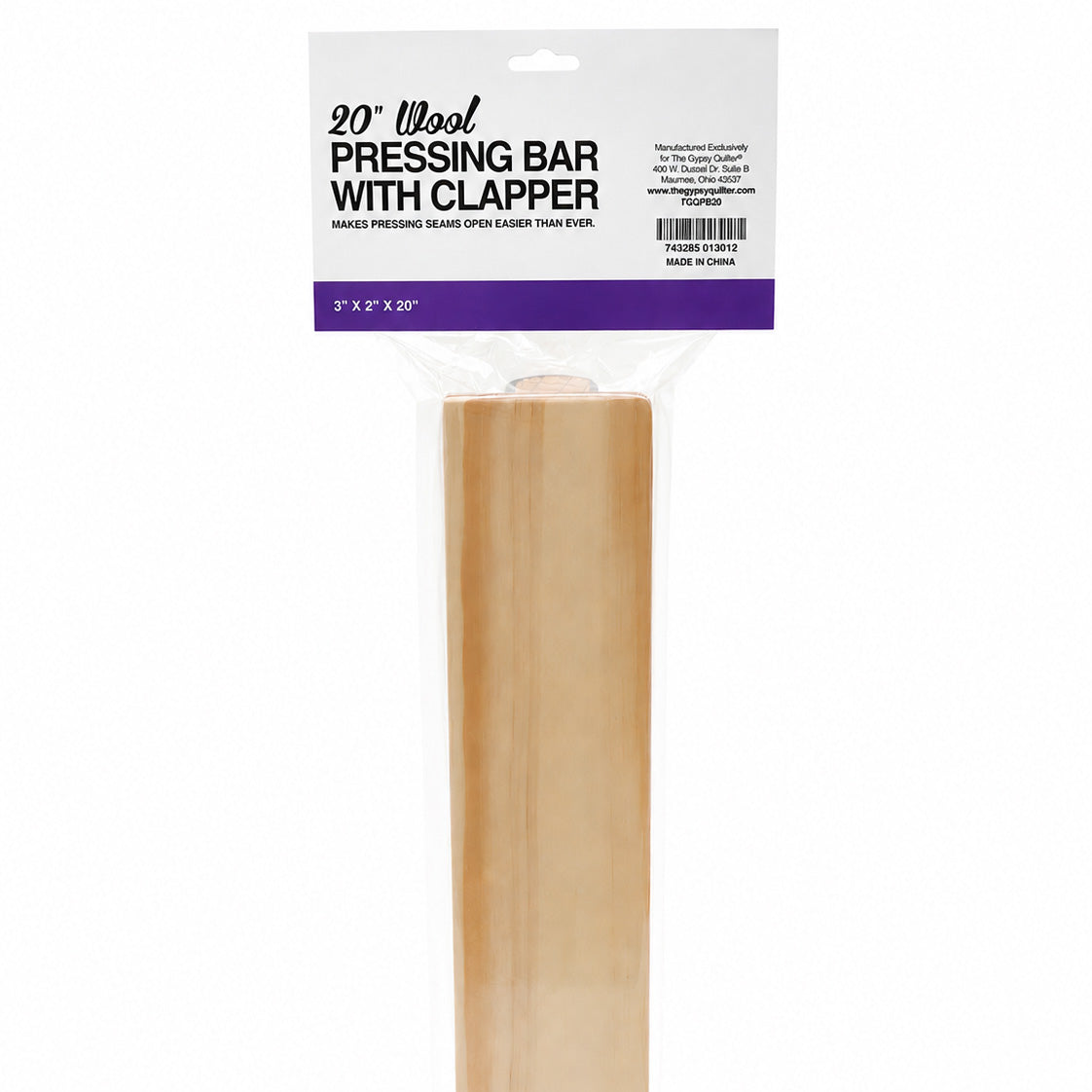 Back of The Gypsy Quilter 20-inch Wool Pressing Bar retail package, the light wood clapper base facing out below the header card with manufacturer details and a barcode.