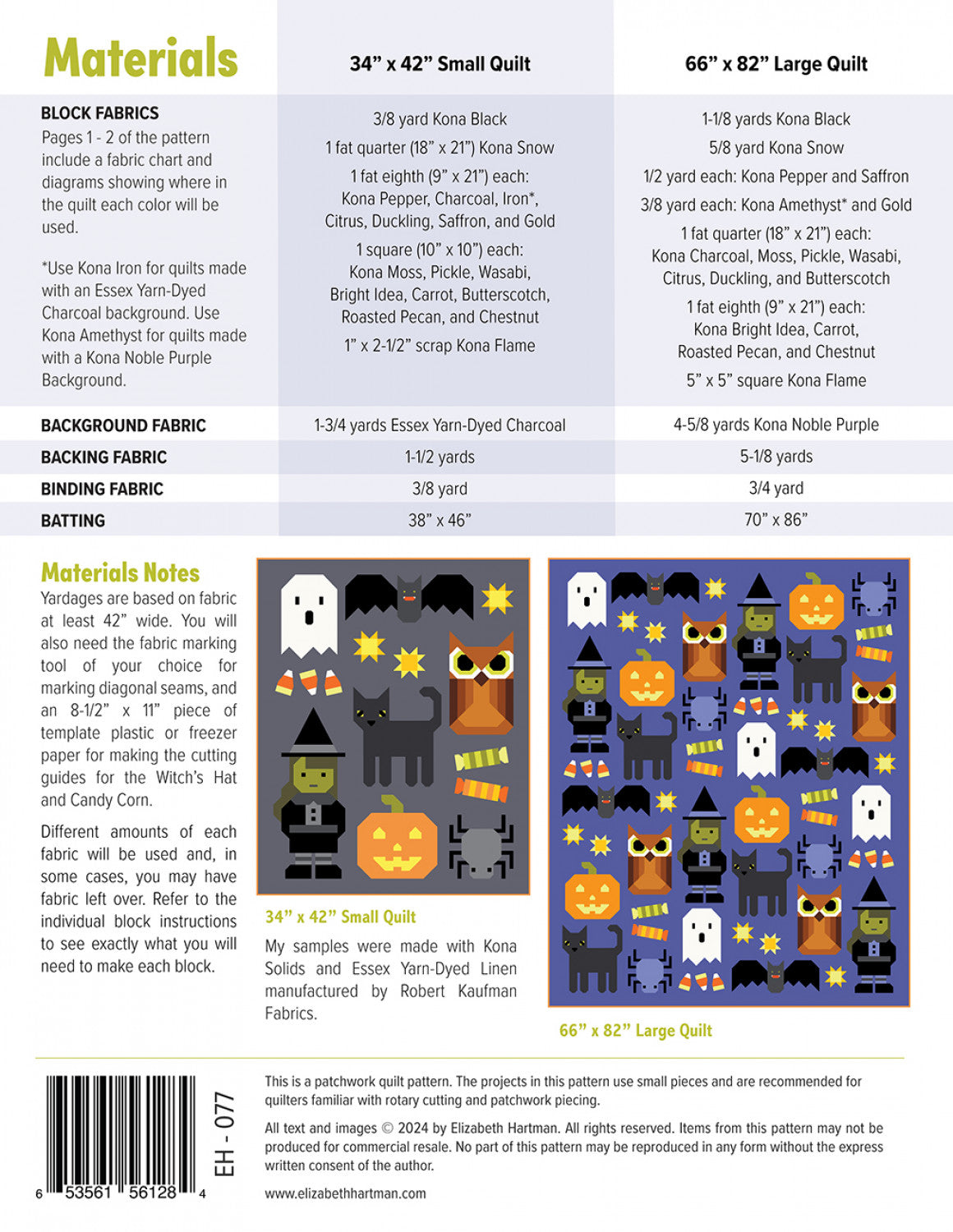 Back cover of Happy Halloween quilt pattern by Elizabeth Hartman showing materials chart for 34 by 42 inch small quilt using Essex charcoal background and 66 by 82 inch large quilt using Kona Noble Purple background, with 18 Kona Solids color list, and layout diagrams for both quilt sizes.