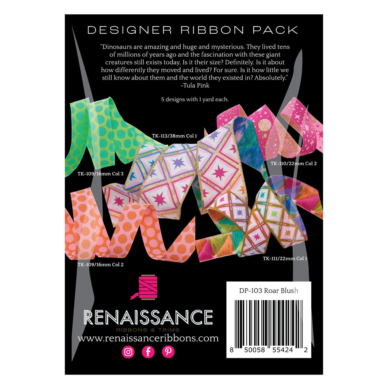 Roar Blush Designer Ribbon Pack by Tula Pink for Renaissance Ribbons