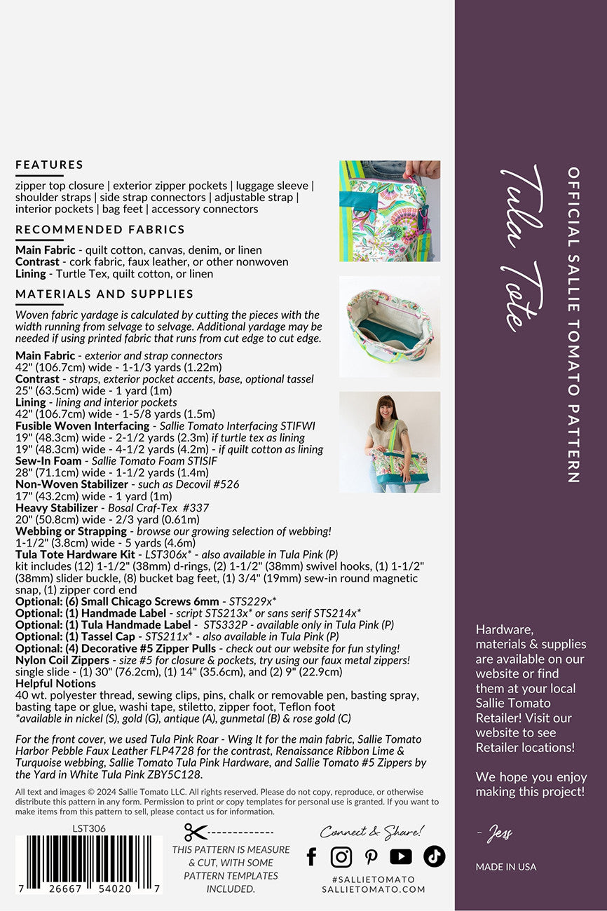 Tula Tote Paper Pattern by Tula Pink and Jessica Sallie Kapitanski for Sallie Tomato