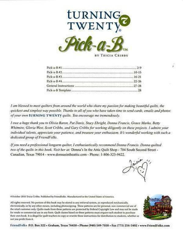 Turning Twenty Pick-a-B Quilt Pattern Book by Tricia Cribbs of Friendfolks - Dings & Dents