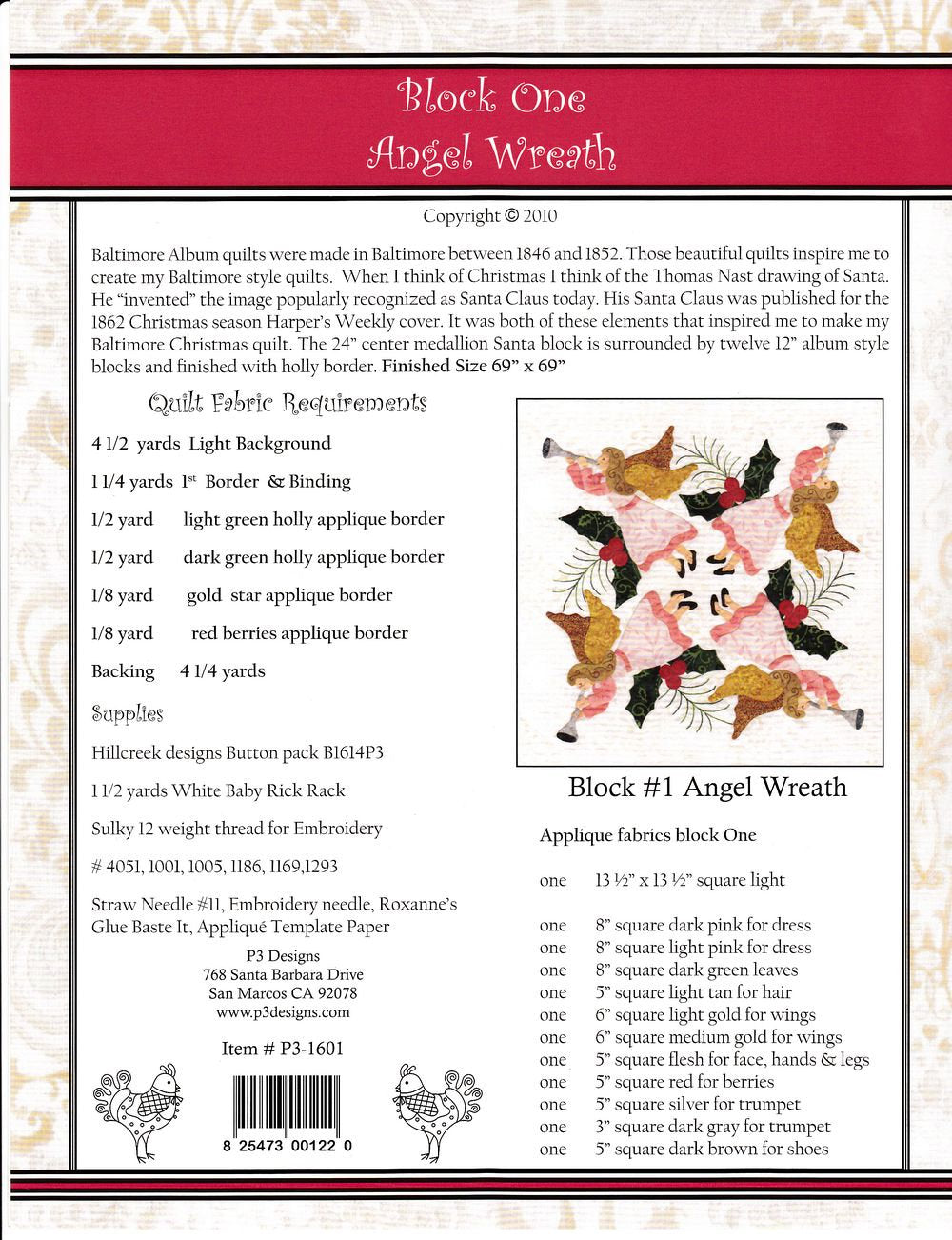 Baltimore Christmas Applique Quilt Pattern Set by Pearl P Pereira of P3 Designs