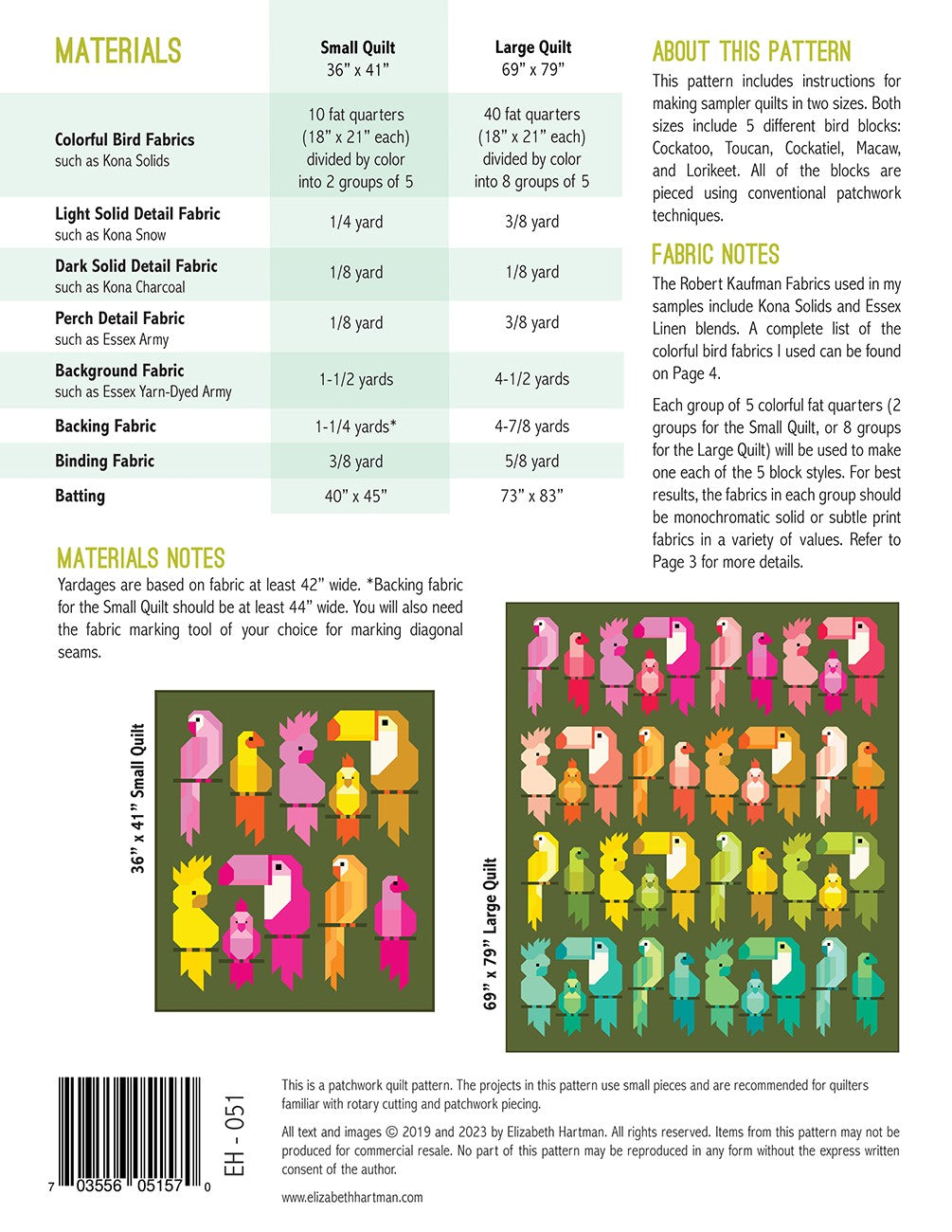 Back cover of Pretty Birds quilt pattern by Elizabeth Hartman showing materials chart for 36 by 41 inch small quilt and 69 by 79 inch large quilt, with fat quarter requirements in monochromatic groups of 5, and layout diagrams for both sizes showing all five bird block types in warm pink and cool teal color schemes.