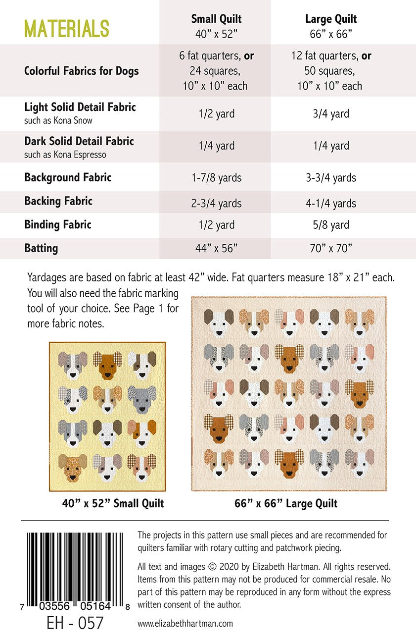 Back cover of The Puppies quilt pattern by Elizabeth Hartman showing materials chart for 40 by 52 inch small quilt and 66 by 66 inch large quilt, with 10 inch square and fat quarter options for dog fabrics, and layout diagrams showing all three puppy block designs -- Smokey, Toby, and Lulu -- for both quilt sizes.