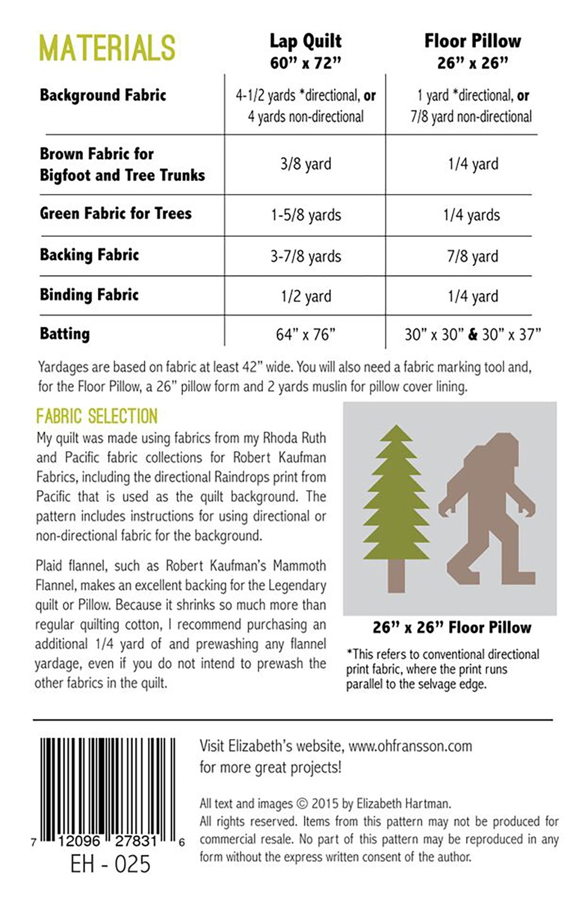 Back cover of Legendary quilt pattern by Elizabeth Hartman showing materials chart for 60 by 72 inch lap quilt and 26 by 26 inch floor pillow, with directional and non-directional background fabric options, fabric selection notes, and a diagram of the Bigfoot and tree blocks.