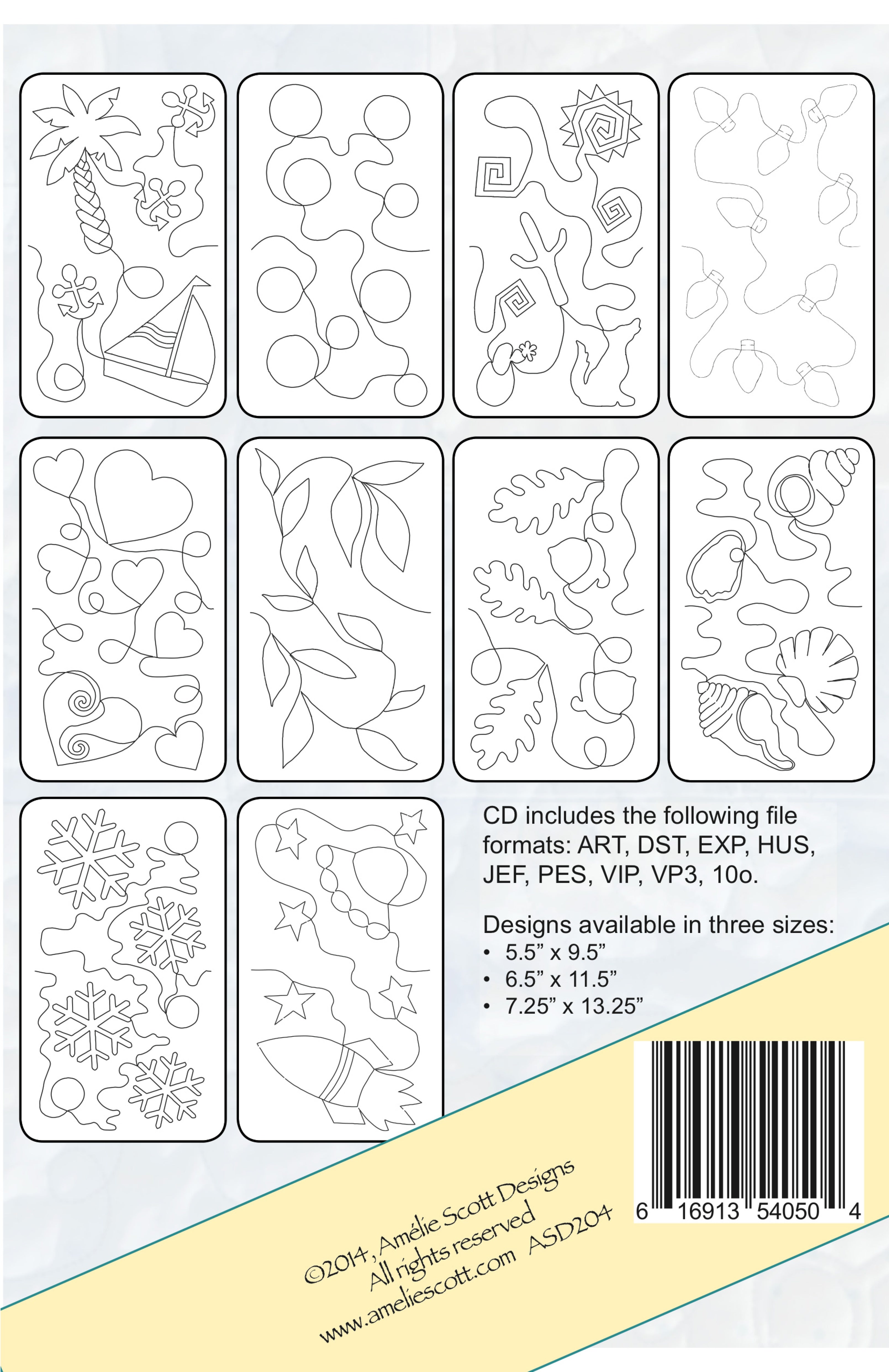 Back cover of Amelie Scott Designs Expansion Pack showing all 10 continuous-line edge-to-edge quilting designs in a grid, including palm tree and sailboat, bubbles, holiday lights, hearts, leafy vine, oak leaves and acorns, seashells, snowflakes and stars. A panel lists the included file formats (ART, DST, EXP, HUS, JEF, PES, VIP, VP3) and the three available design sizes.
