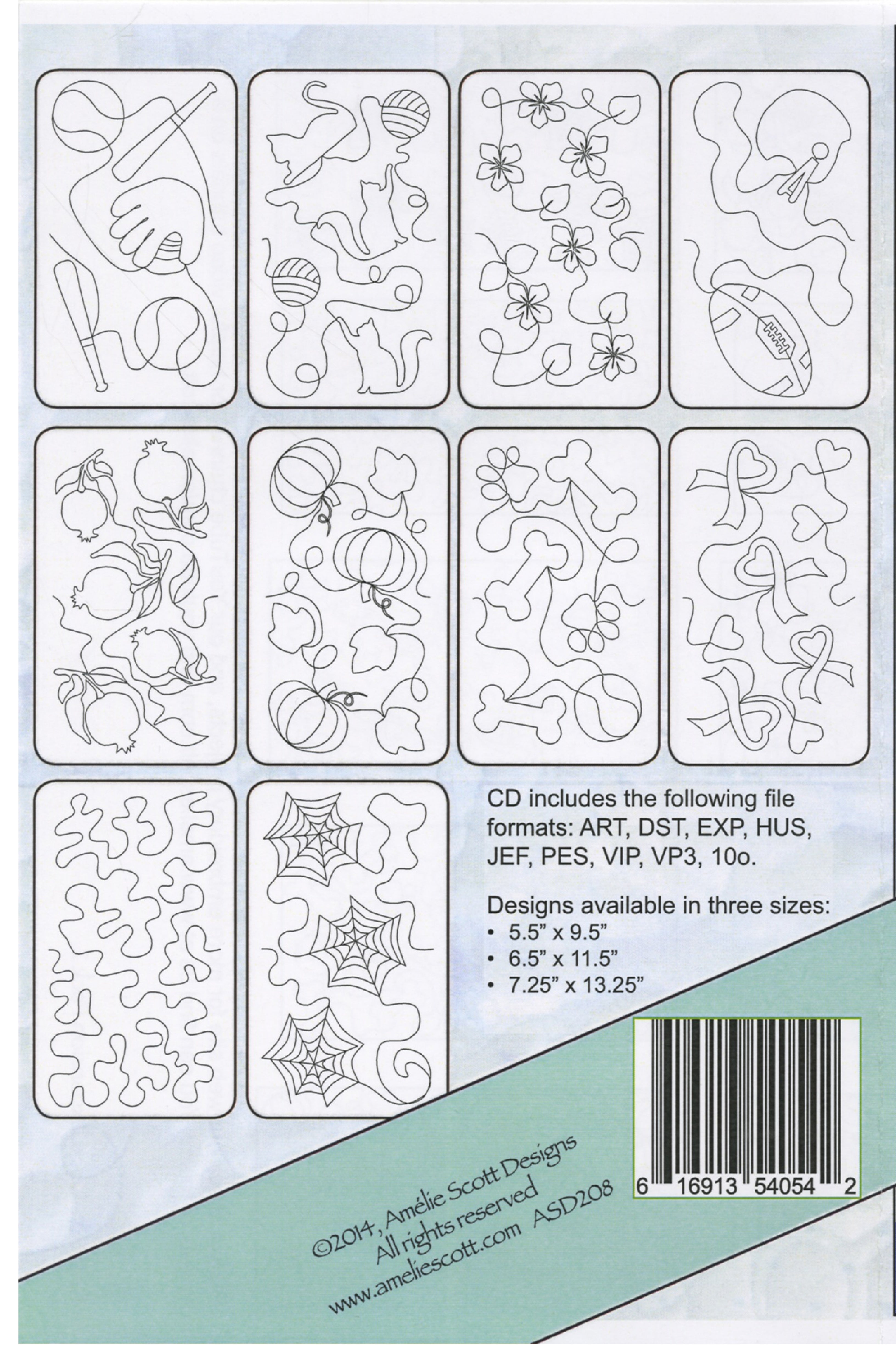 Back cover of Amelie Scott Designs Expansion Pack 2 showing all 10 continuous-line edge-to-edge quilting designs in a grid, including baseball, cats and yarn, flowers, football, pomegranates, pumpkins and vines, dog bones and paw prints, ribbons and hearts, and a spiderweb. A panel lists the included file formats (ART, DST, EXP, HUS, JEF, PES, VIP, VP3) and the three available design sizes.