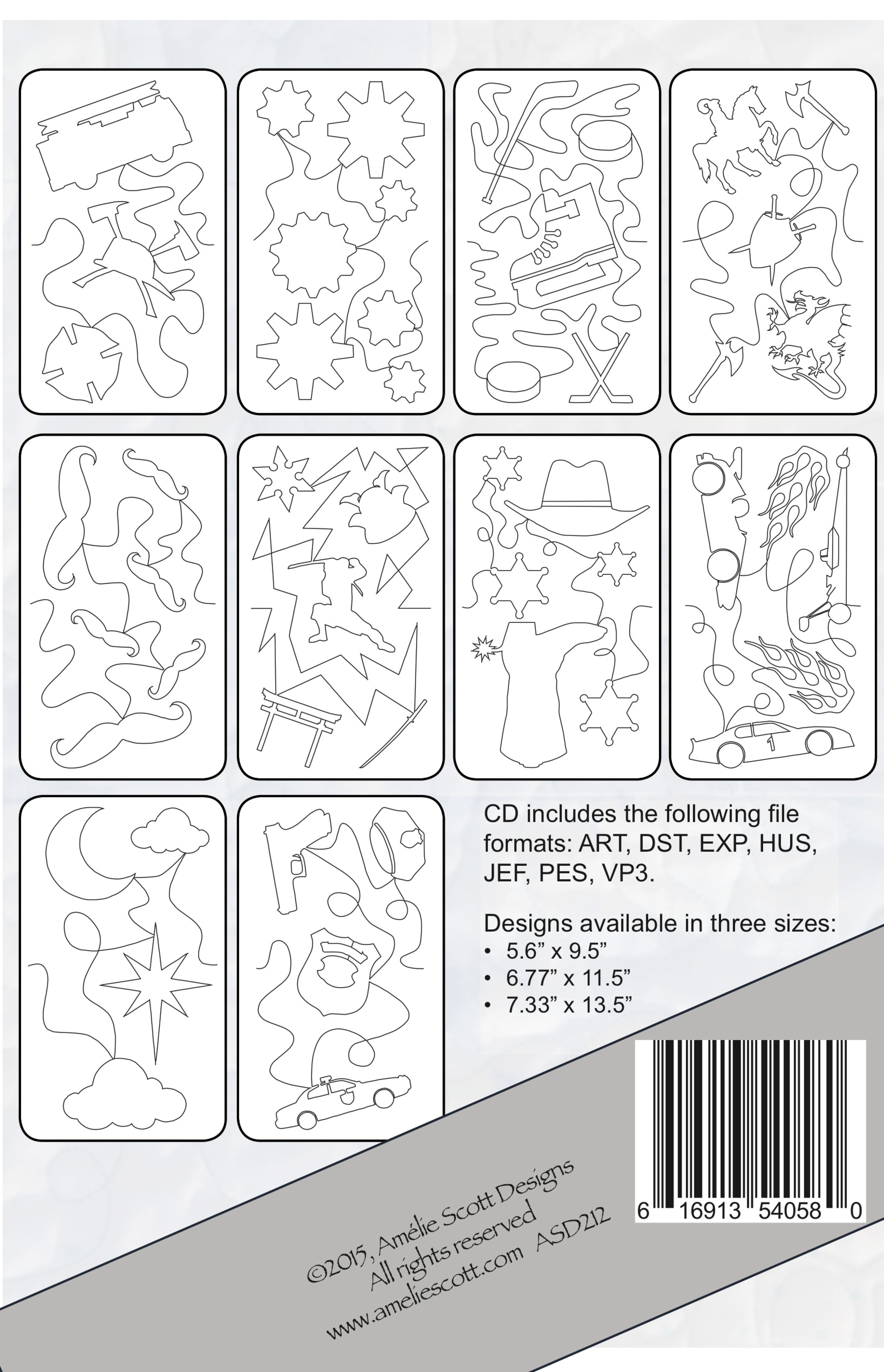 Back cover of Amelie Scott Designs Expansion Pack 4, The Manly Pack, showing all 10 continuous-line edge-to-edge quilting designs in a grid, including tools, hats, a cactus, a chair, a star and a car. A panel lists the included file formats (ART, DST, EXP, HUS, JEF, PES, VIP, VP3) and the three available design sizes.