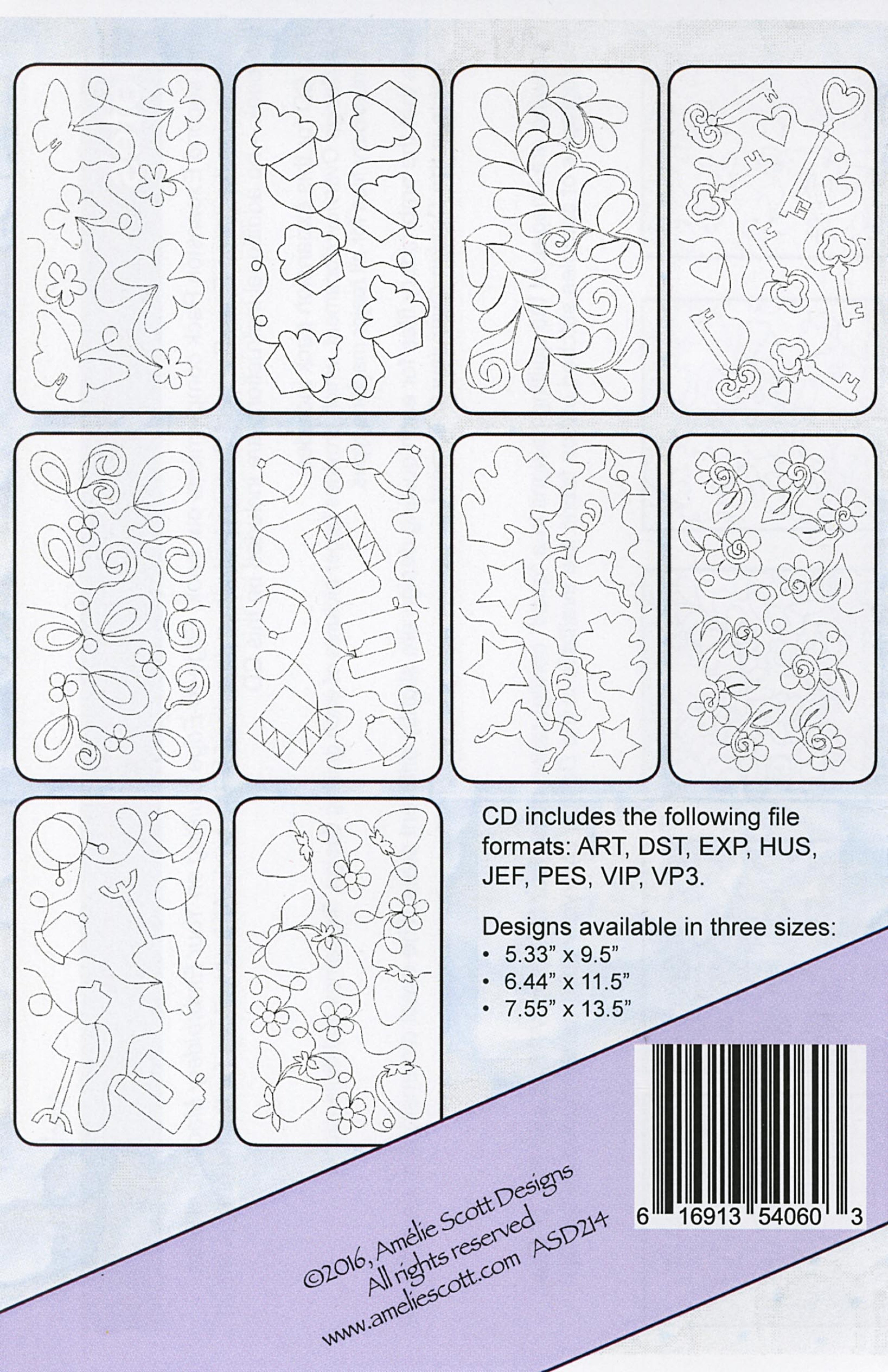 Back cover of Amelie Scott Designs Expansion Pack 5 showing all 10 continuous-line edge-to-edge quilting designs in a grid: butterflies, cupcakes, feathery, keys, peacock, quilting quilting, reindeer, roses, sewing quilting and strawberries. A panel lists the included file formats (ART, DST, EXP, HUS, JEF, PES, VIP, VP3) and the three available design sizes.