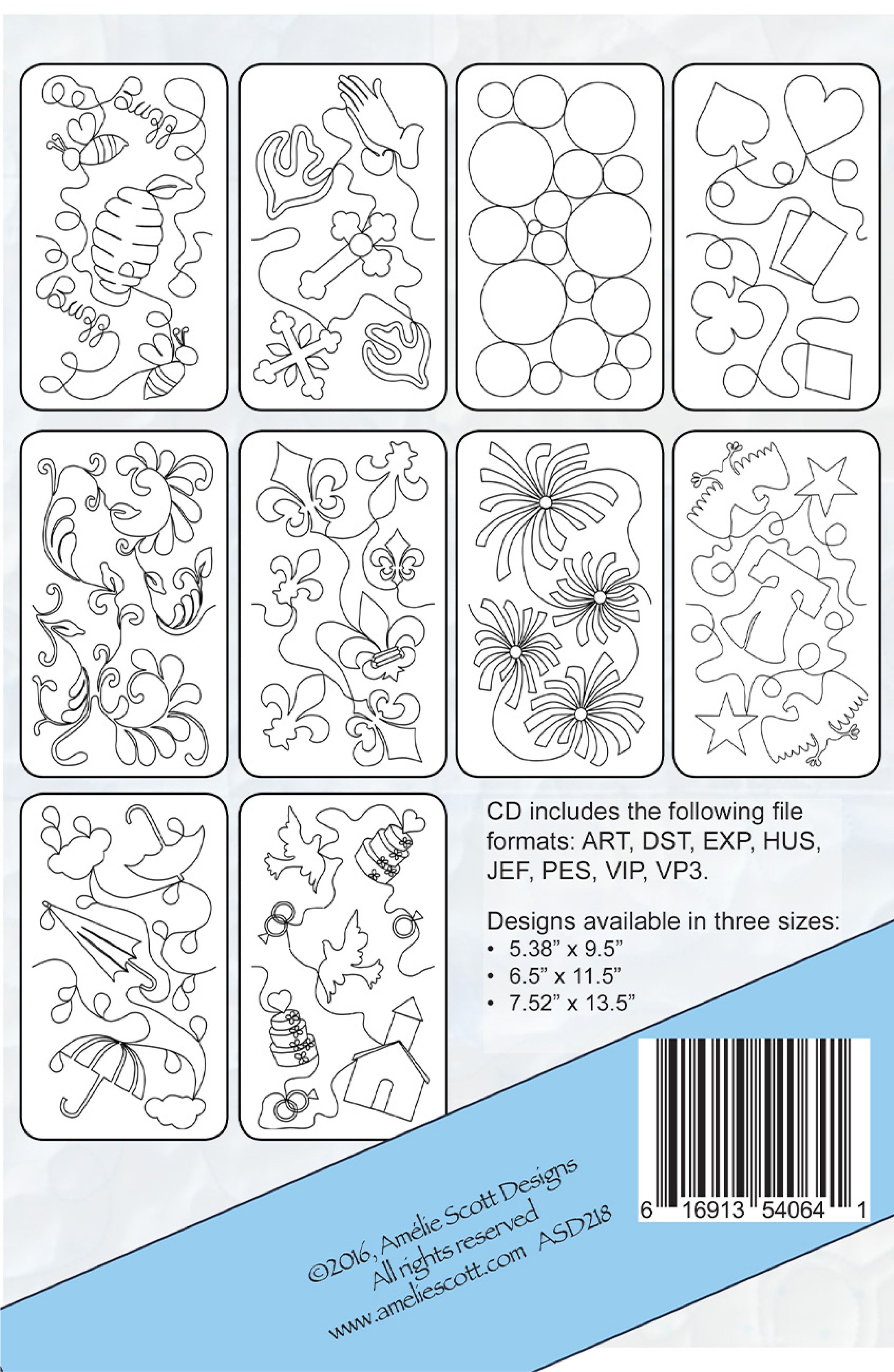Back cover of Amelie Scott Designs Expansion Pack 6 showing all 10 continuous-line edge-to-edge quilting designs in a grid, including bees and a beehive, praying hands and crosses, circles, hearts and shamrocks, feathery paisley, fleur-de-lis, fireworks, and bells and stars. A panel lists the included file formats (ART, DST, EXP, HUS, JEF, PES, VIP, VP3) and the three available design sizes.