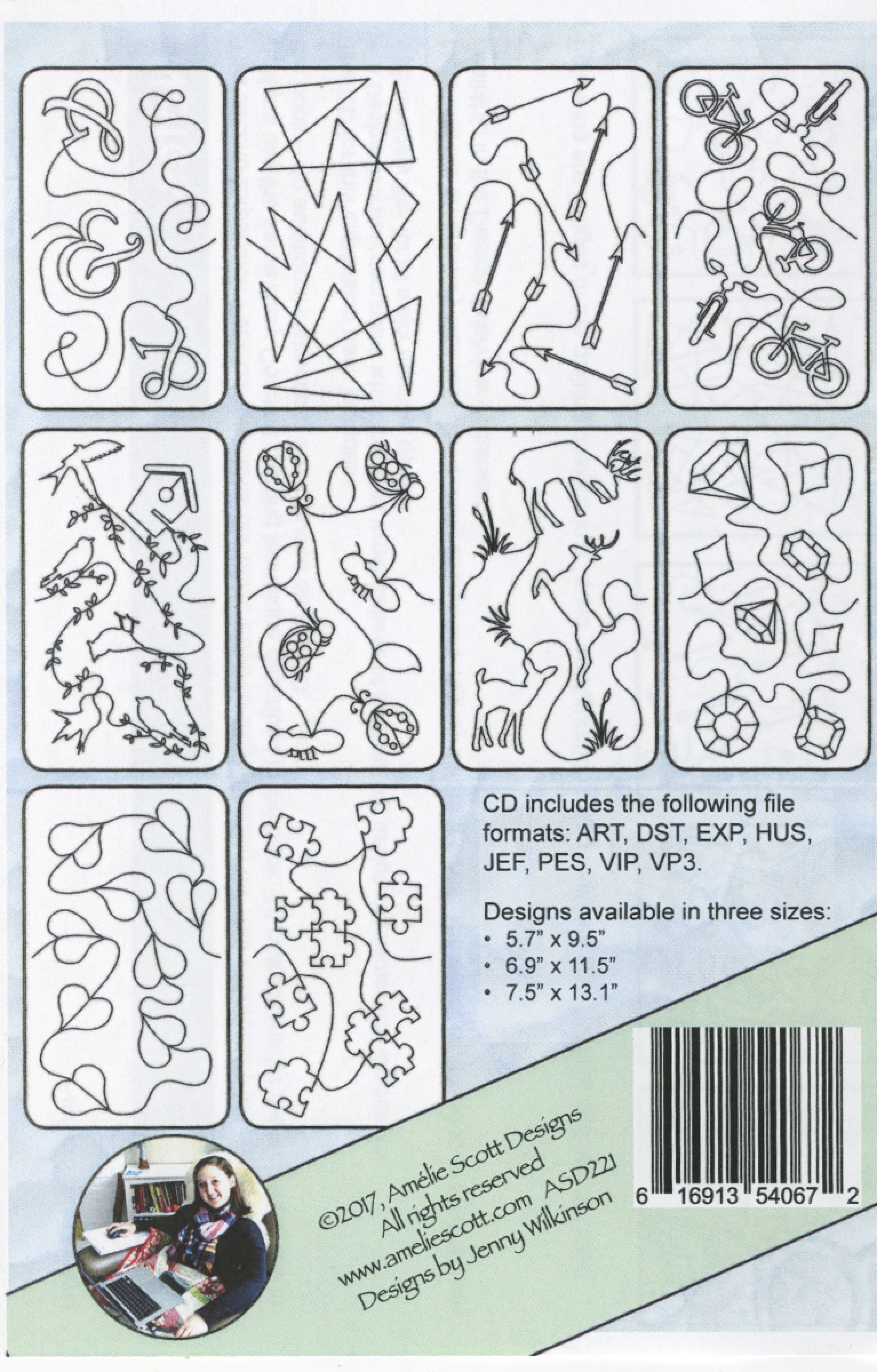 Back cover of Amelie Scott Designs Expansion Pack 8 showing all 10 continuous-line edge-to-edge quilting designs in a grid, including swirls, zigzags, garden tools, bicycles, pine branches, a birdhouse and birds, dragonflies, kites, hearts and puzzle pieces. A panel lists the included file formats (ART, DST, EXP, HUS, JEF, PES, VIP, VP3) and the three available design sizes.