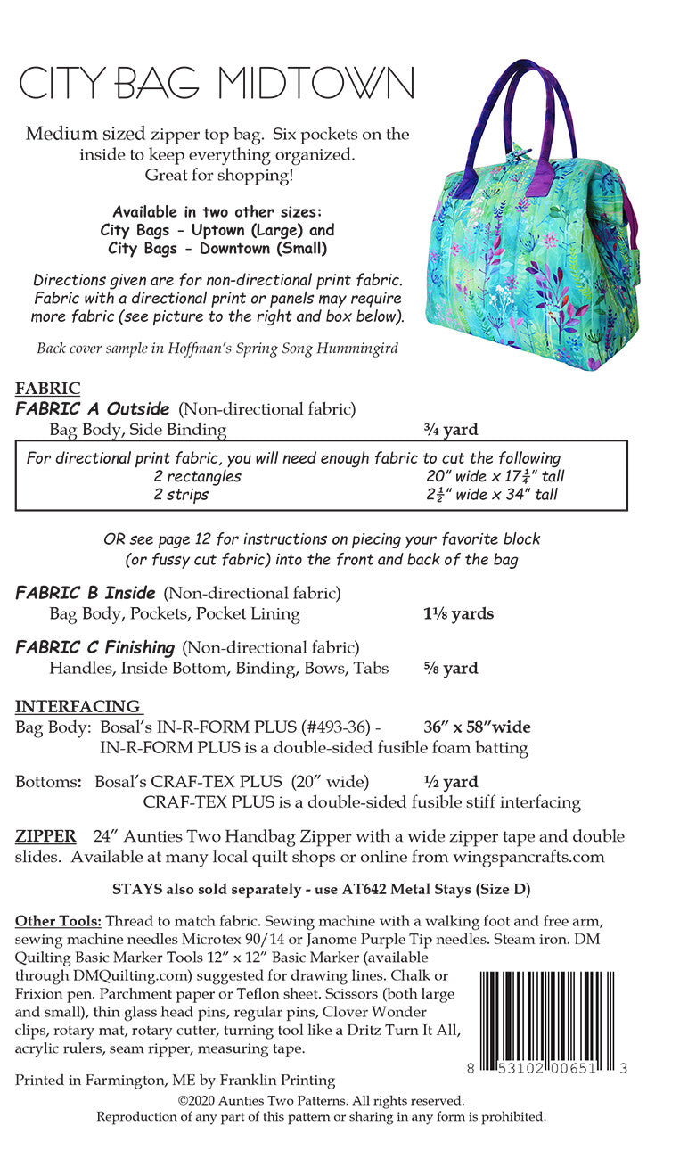 City Bag Midtown pattern back cover with the materials list: 3/4 yard of outside fabric, 1 1/8 yards of inside fabric, 5/8 yard of finishing fabric, Bosal In-R-Form Plus 36 by 58 inches, Craf-Tex Plus, a 24 inch handbag zipper with double slides, and tools. A photo shows a finished bag in an aqua floral print with purple handles.