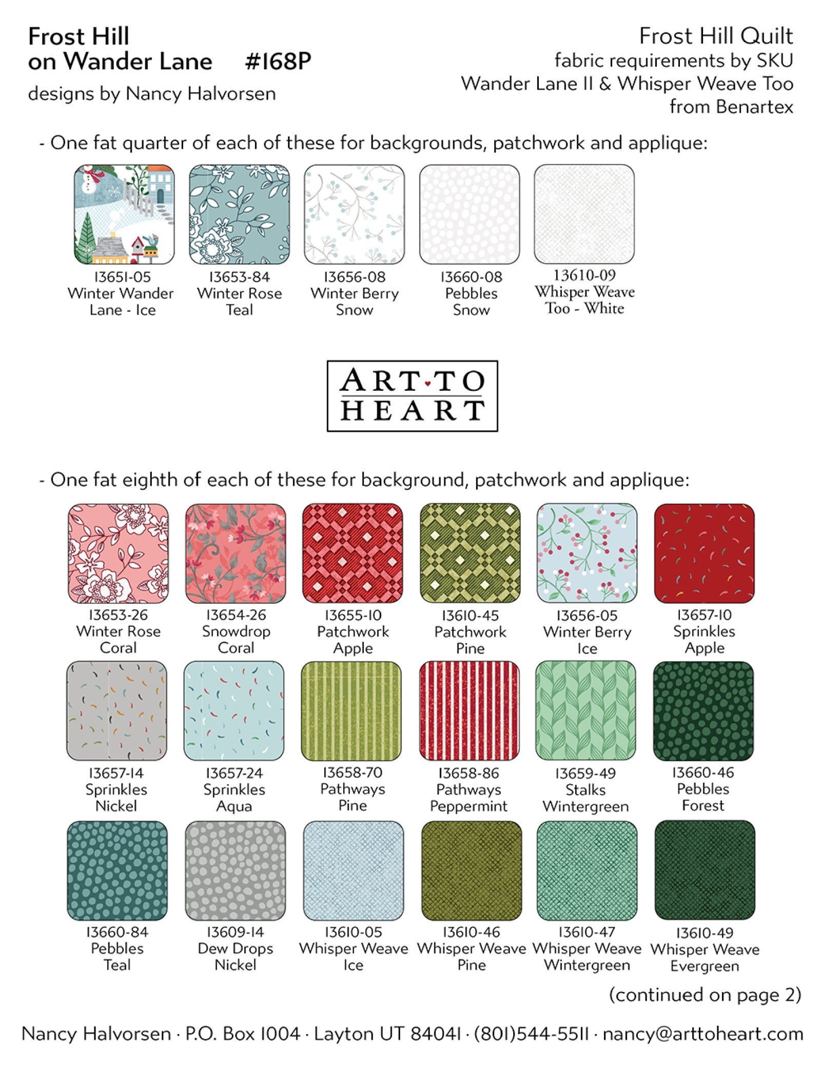 Fabric requirements page for the Frost Hill quilt listing Benartex Wander Lane and Whisper Weave fabrics with color swatches for background, patchwork, and appliqué.