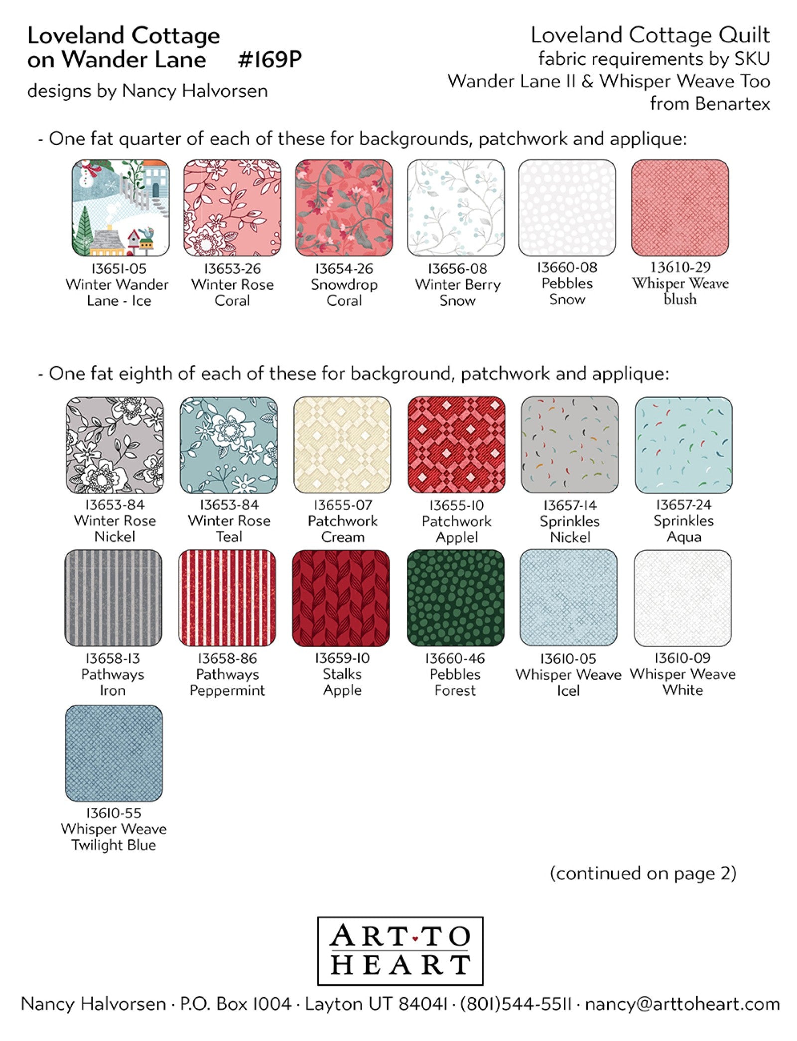 Fabric requirements page for the Loveland Cottage quilt listing Benartex Wander Lane and Whisper Weave fabrics with color swatches for background, patchwork, and appliqué.