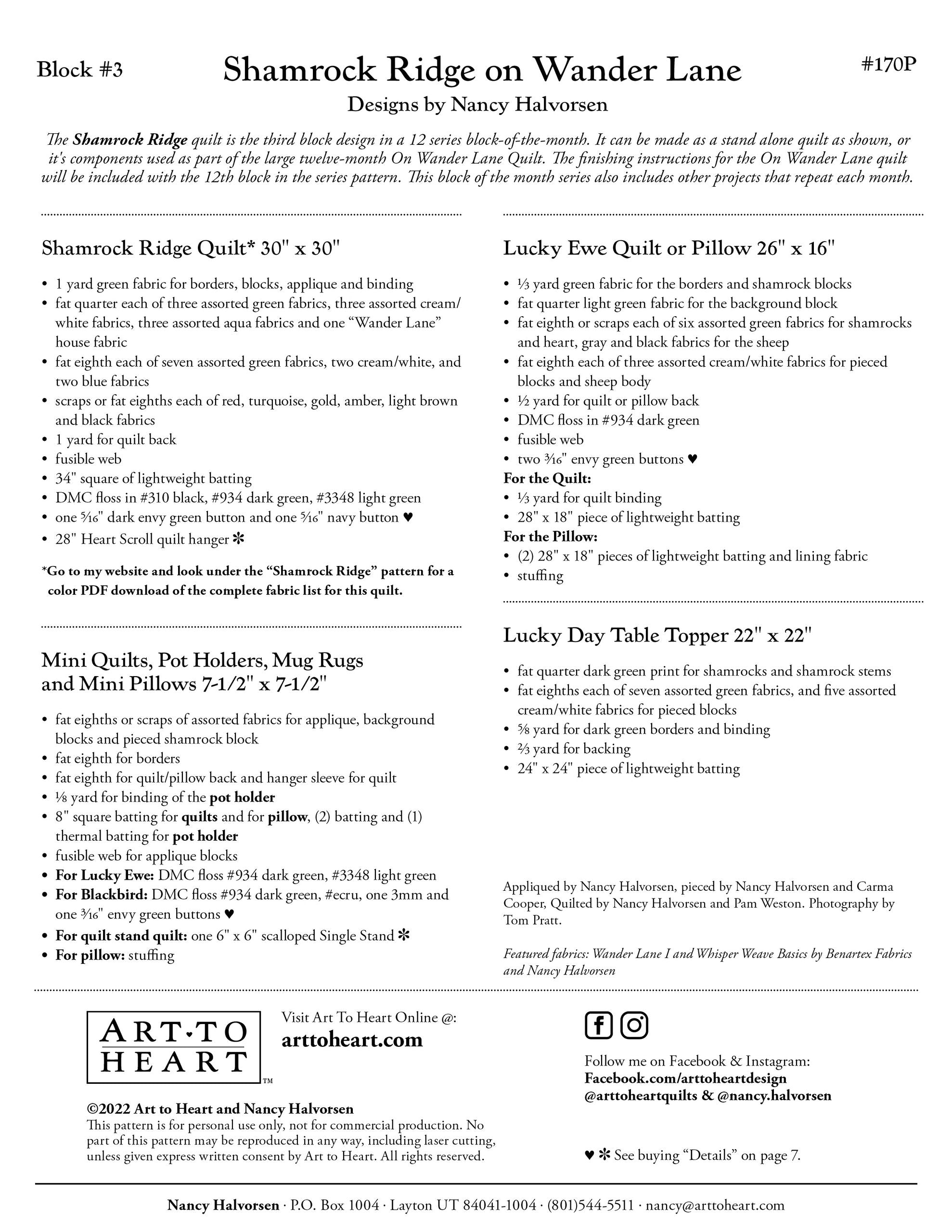 Materials and project page for the Shamrock Ridge on Wander Lane pattern, Block 3, listing fabric, batting, floss, and button requirements for the 30 by 30 inch quilt, Lucky Ewe quilt or pillow, Lucky Day table topper, and coordinating mini projects.