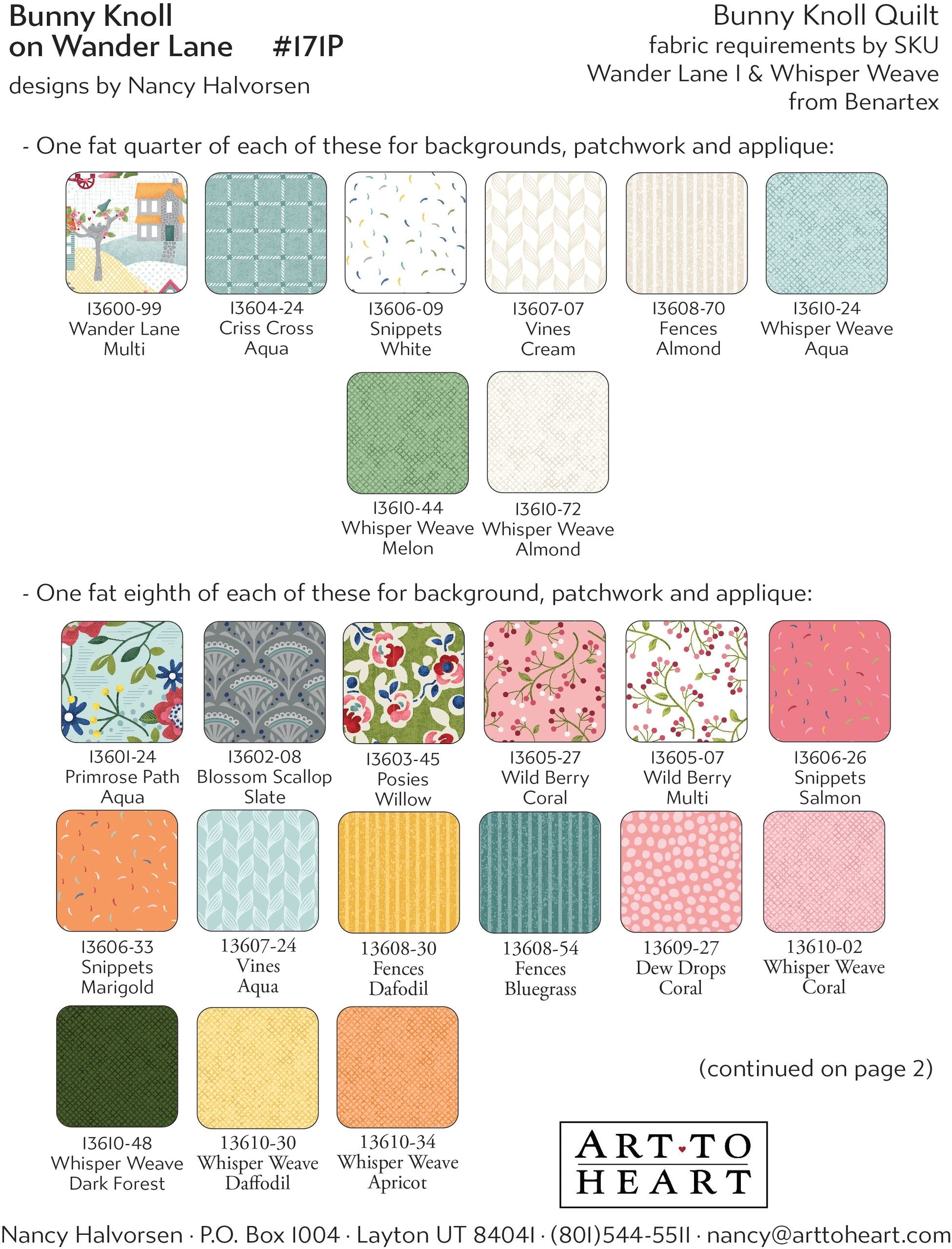 Fabric requirements chart for the Bunny Knoll on Wander Lane quilt showing Wander Lane I and Whisper Weave fabrics by Benartex with color swatches and SKU numbers for backgrounds, patchwork, and applique.