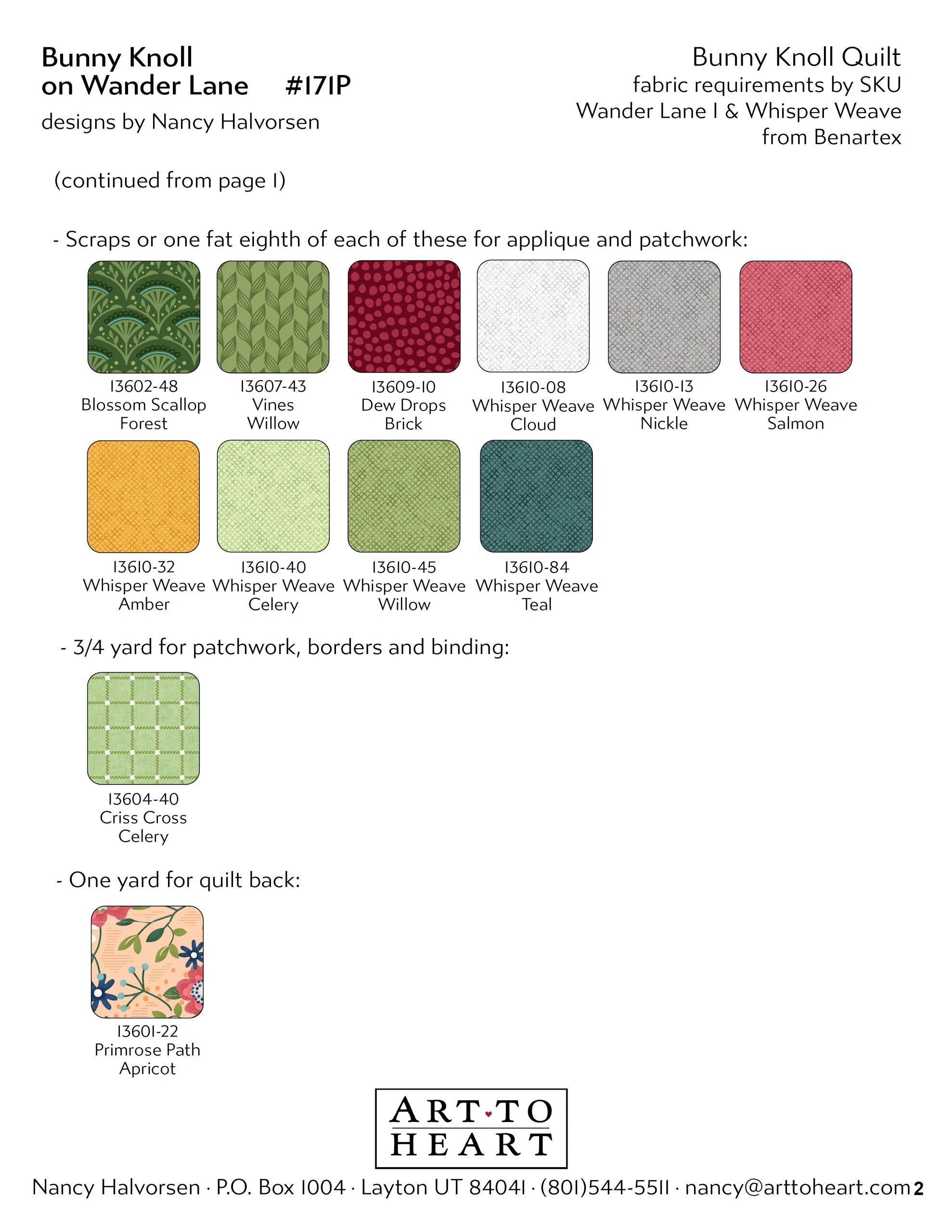 Continued fabric requirements chart for the Bunny Knoll on Wander Lane quilt with Benartex color swatches and SKU numbers for applique, patchwork, borders, binding, and backing.