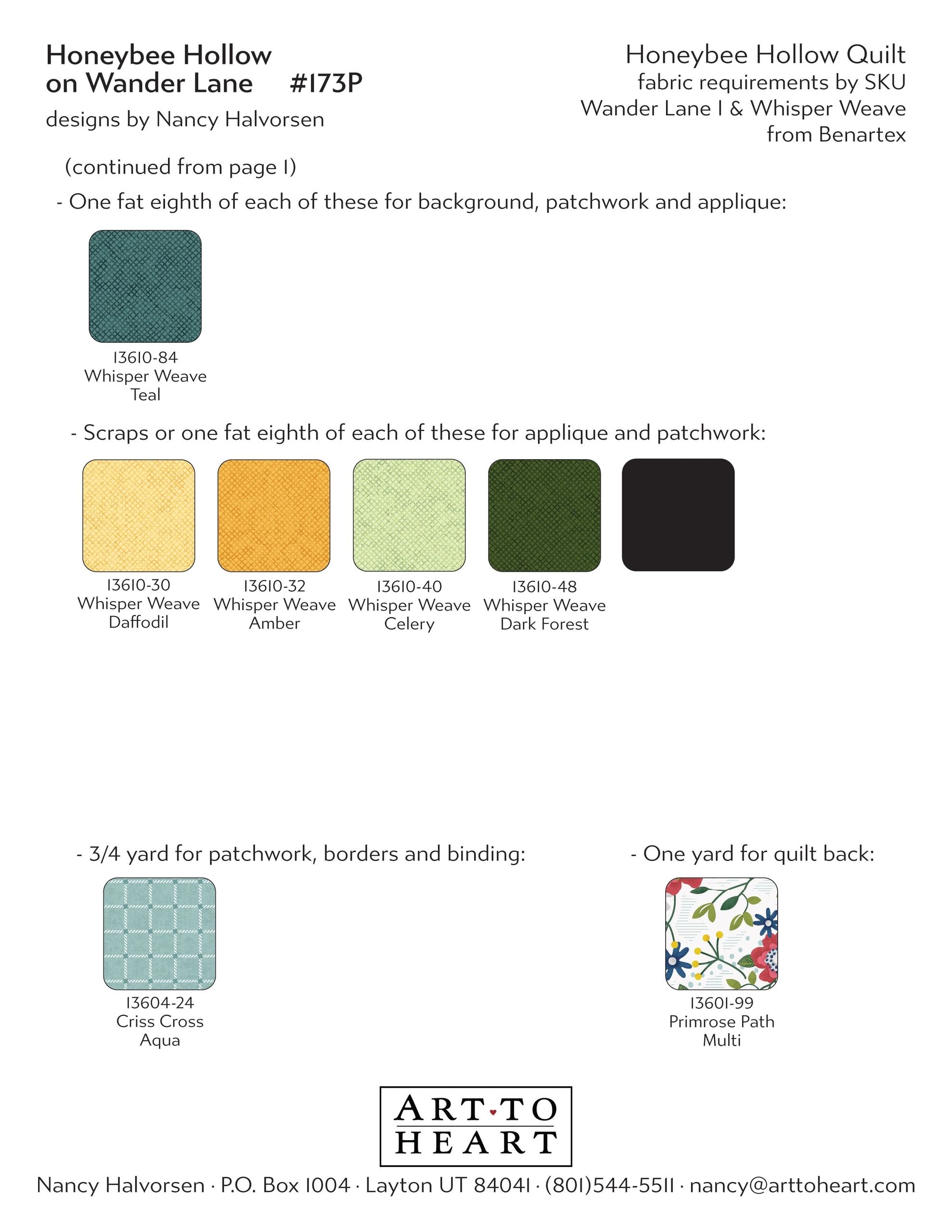 Continued fabric requirements chart for the Honeybee Hollow on Wander Lane quilt with Benartex color swatches and SKU numbers for applique, patchwork, borders, binding, and backing.