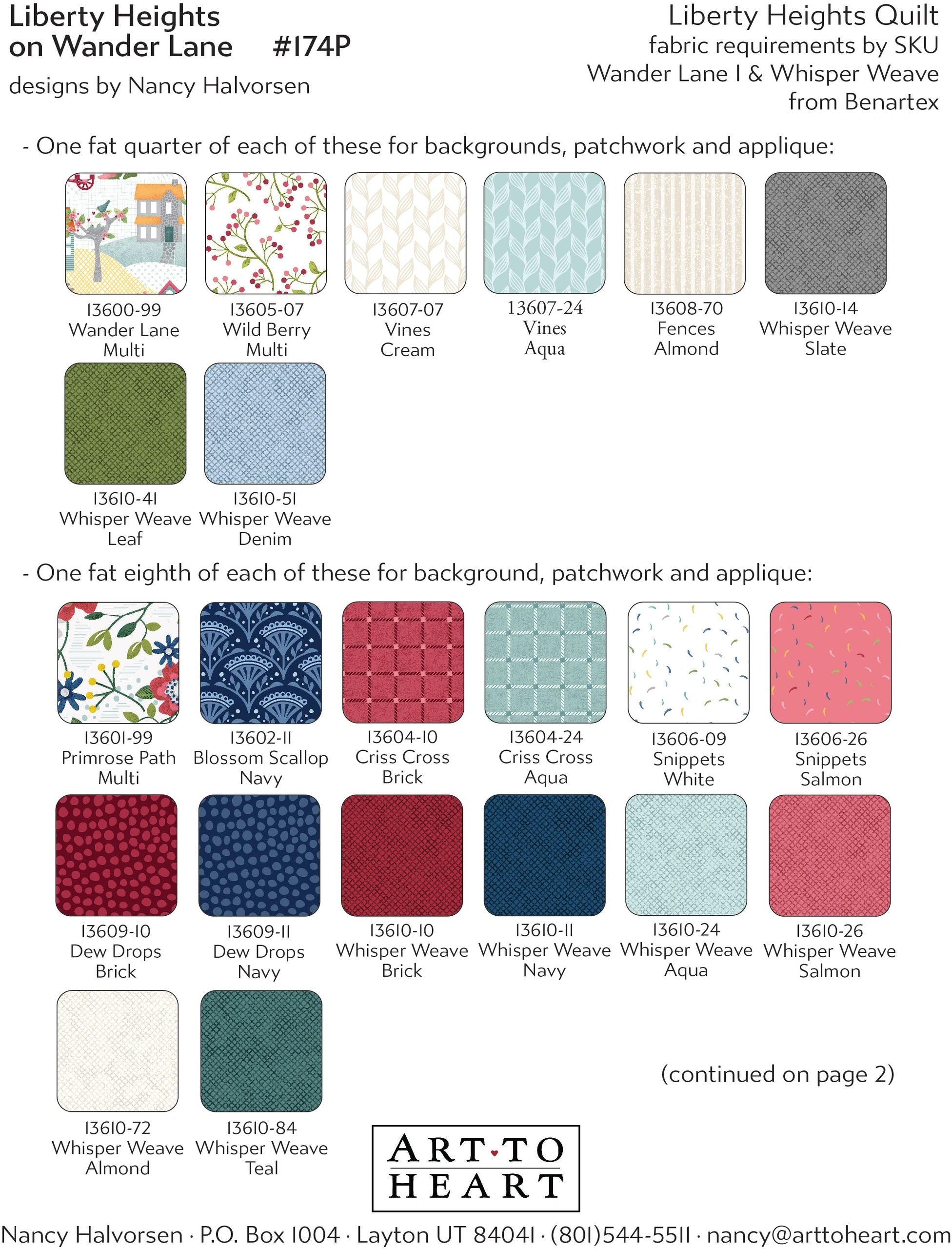 Fabric requirements chart for the Liberty Heights on Wander Lane quilt showing Wander Lane I and Whisper Weave fabrics by Benartex with color swatches and SKU numbers for backgrounds, patchwork, and applique.