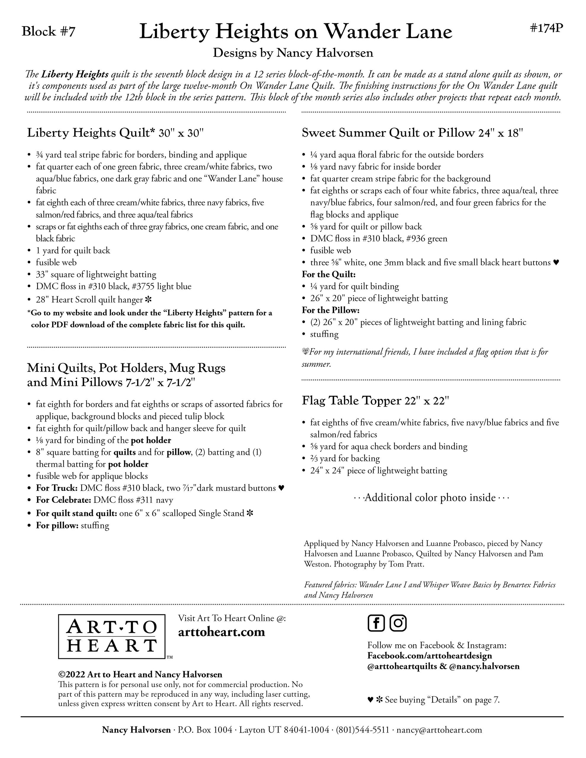 Materials and project page for the Liberty Heights on Wander Lane pattern, Block 7, listing fabric, batting, floss, and button requirements for the 30 by 30 inch quilt, Sweet Summer quilt or pillow, Flag table topper, and coordinating mini projects.