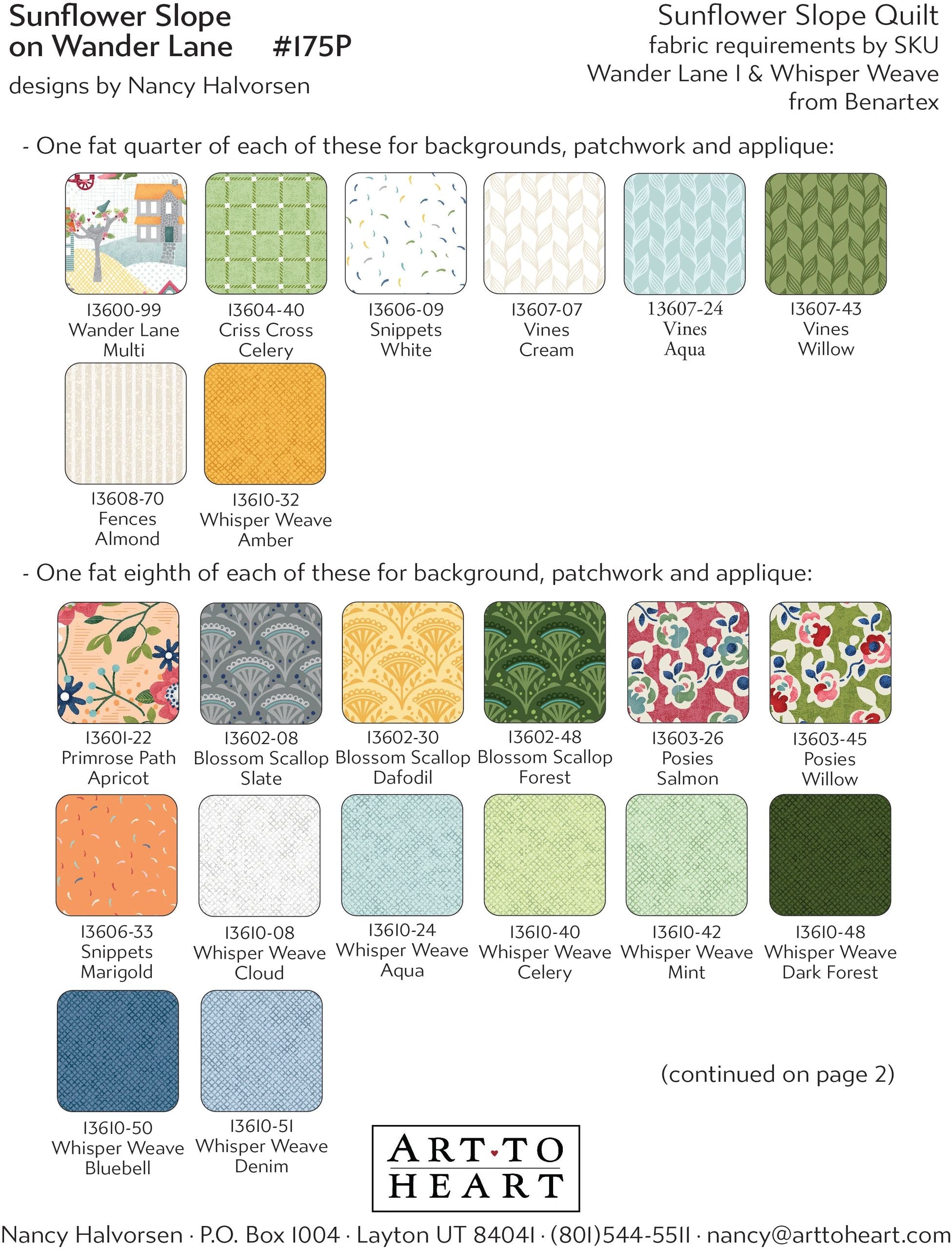 Fabric requirements chart for the Sunflower Slope on Wander Lane quilt showing Wander Lane I and Whisper Weave fabrics by Benartex with color swatches and SKU numbers for backgrounds, patchwork, and applique.