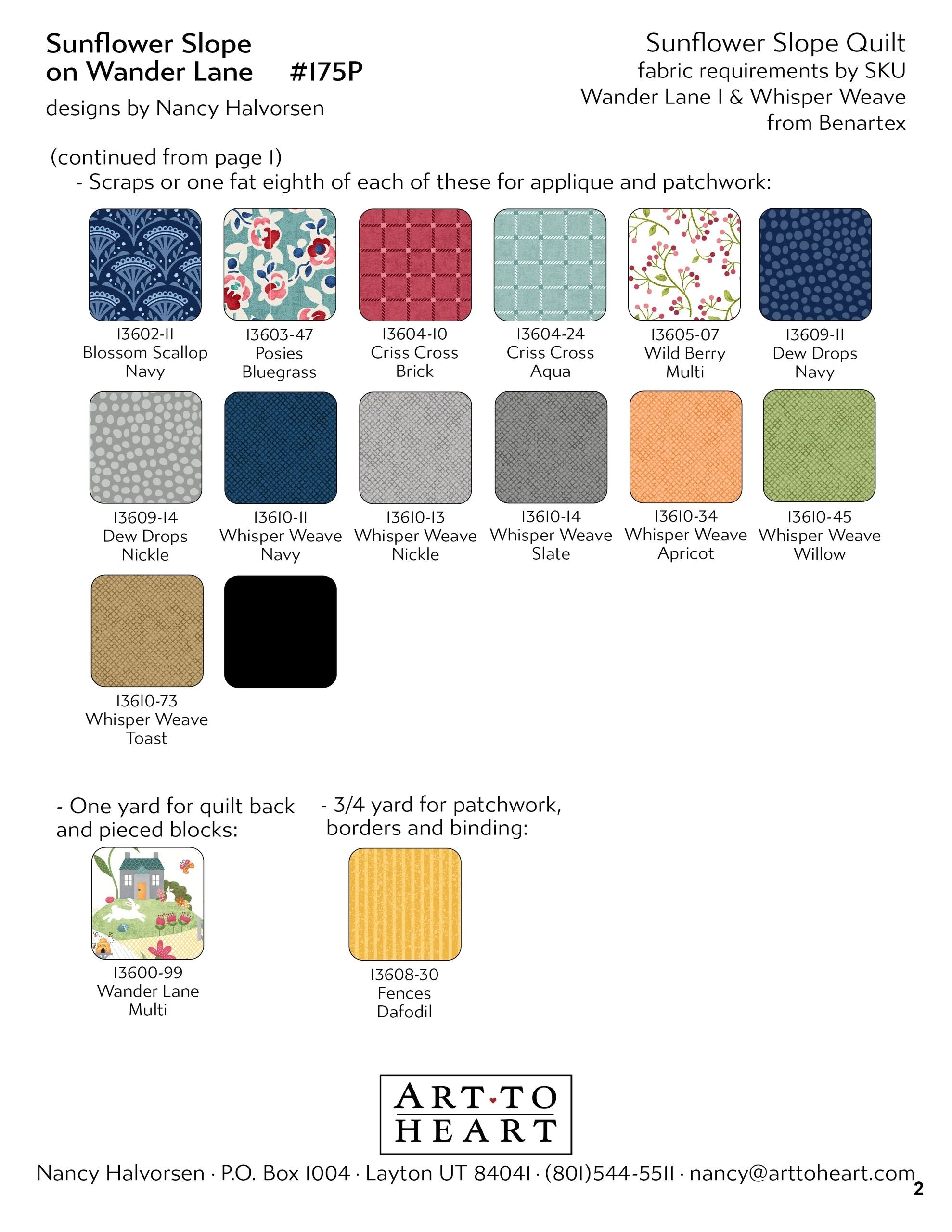 Continued fabric requirements chart for the Sunflower Slope on Wander Lane quilt with Benartex color swatches and SKU numbers for applique, patchwork, borders, binding, and backing.