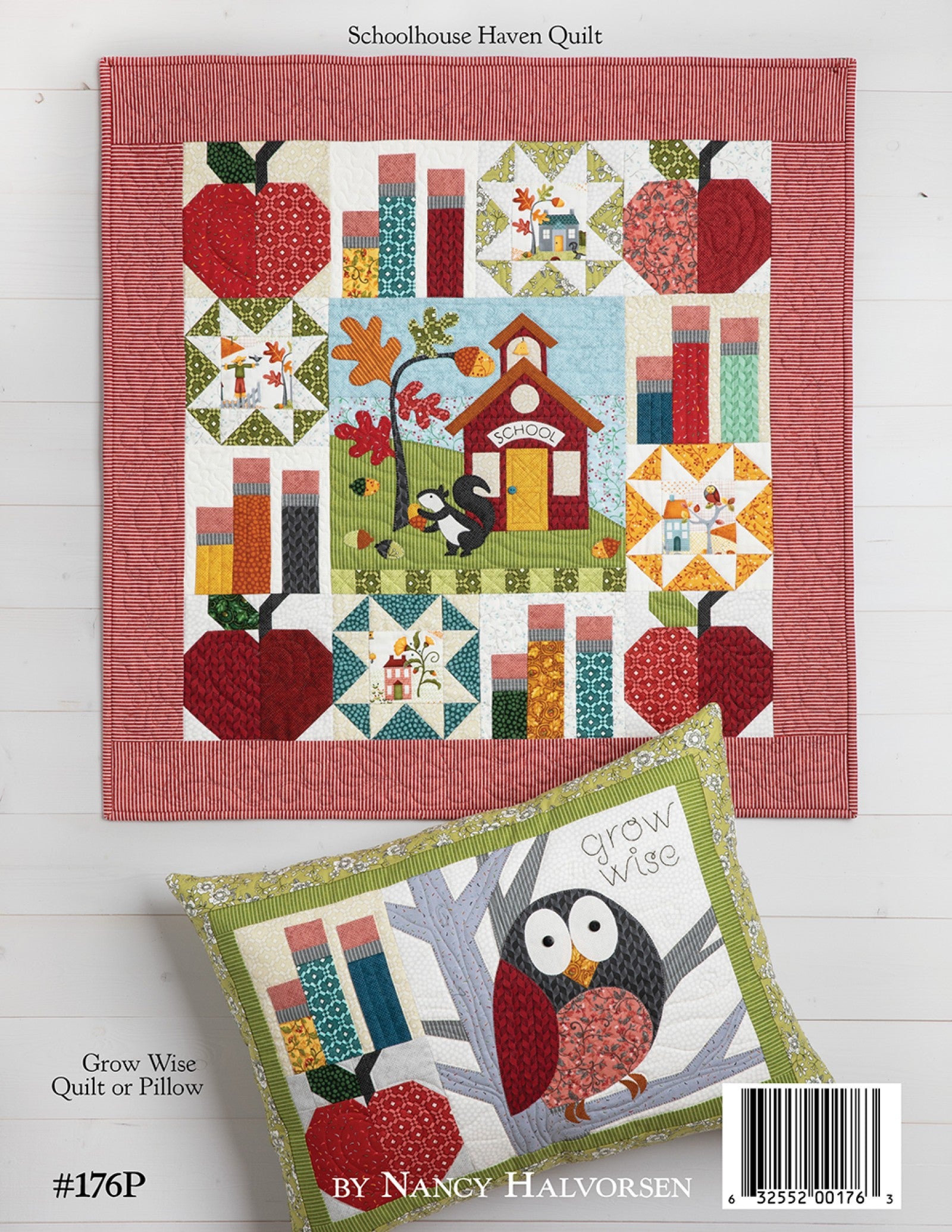 Back cover of the Schoolhouse Haven on Wander Lane pattern showing the finished Schoolhouse Haven quilt with its bonus projects and item number, by Nancy Halvorsen.