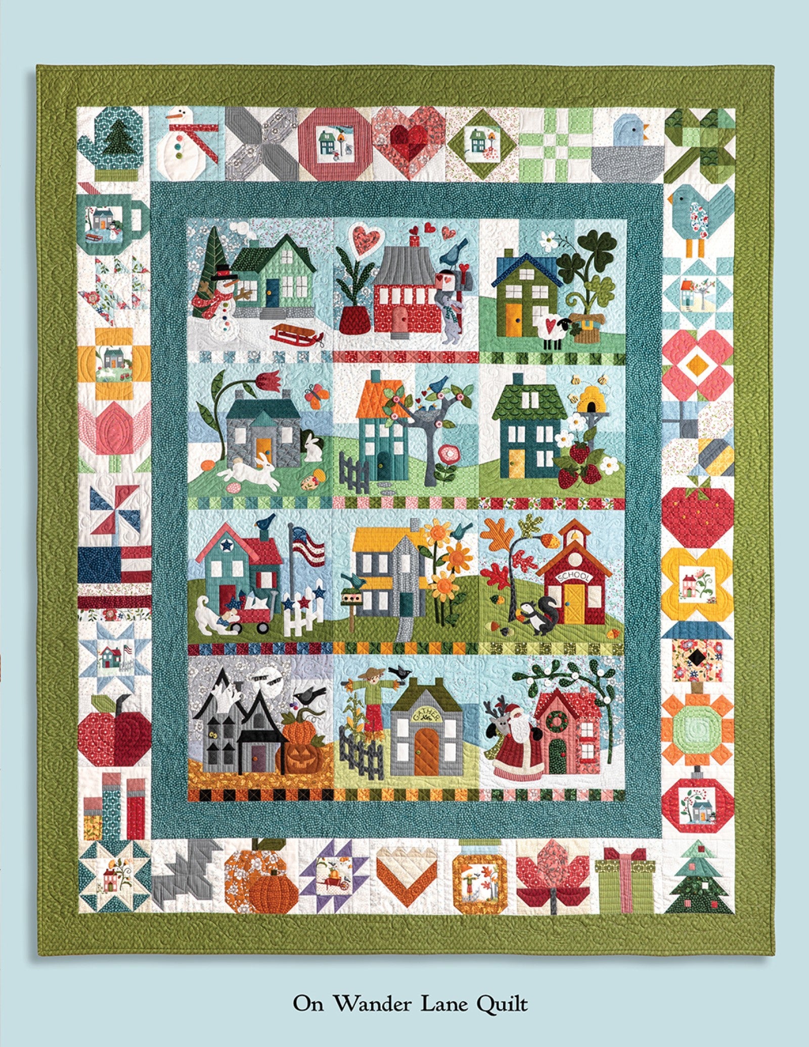 The complete On Wander Lane quilt with all twelve monthly appliqué blocks joined into one 60 by 72 inch sampler quilt by Nancy Halvorsen.