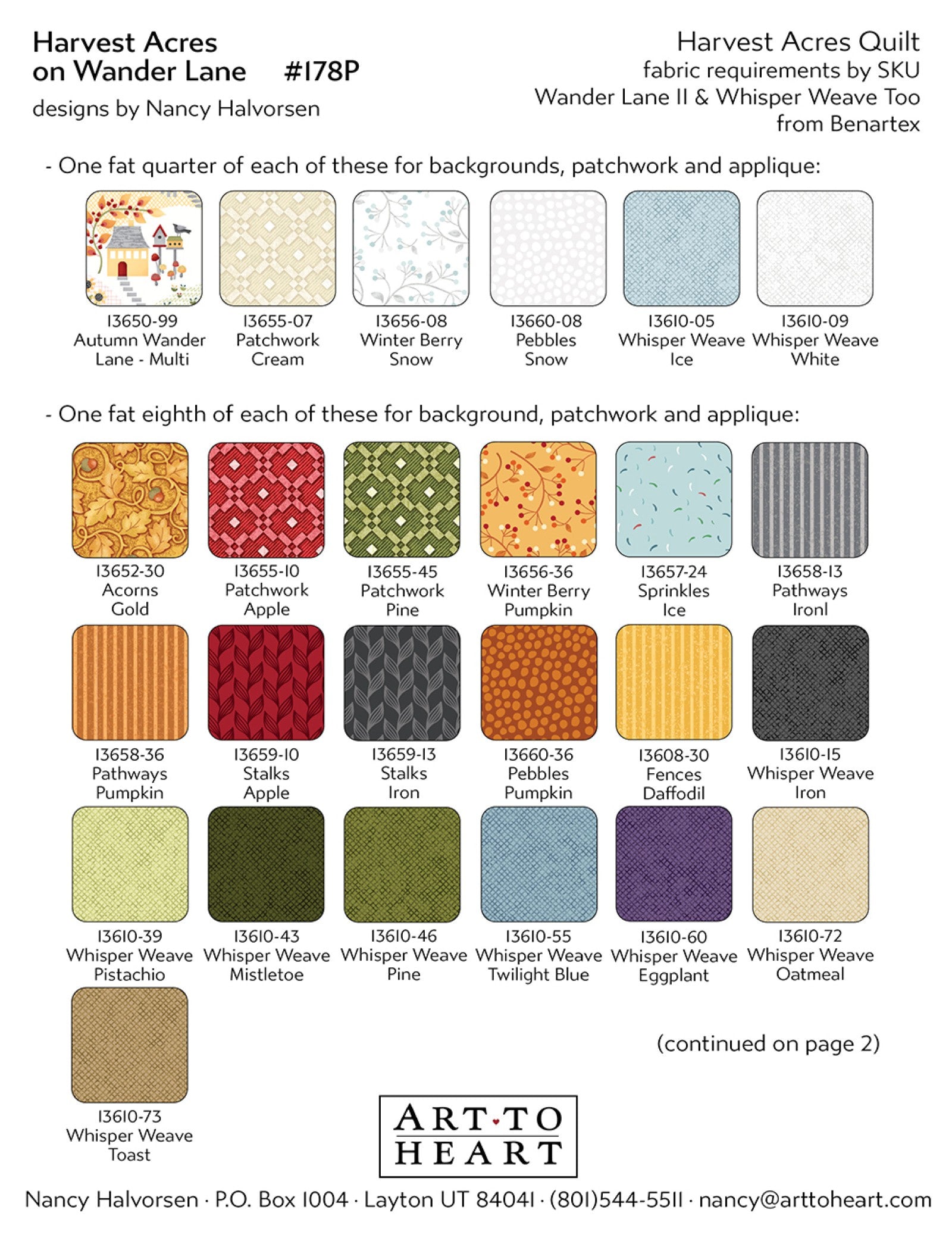 Fabric requirements page for the Harvest Acres quilt listing Benartex Wander Lane and Whisper Weave fabrics with color swatches for background, patchwork, and appliqué.