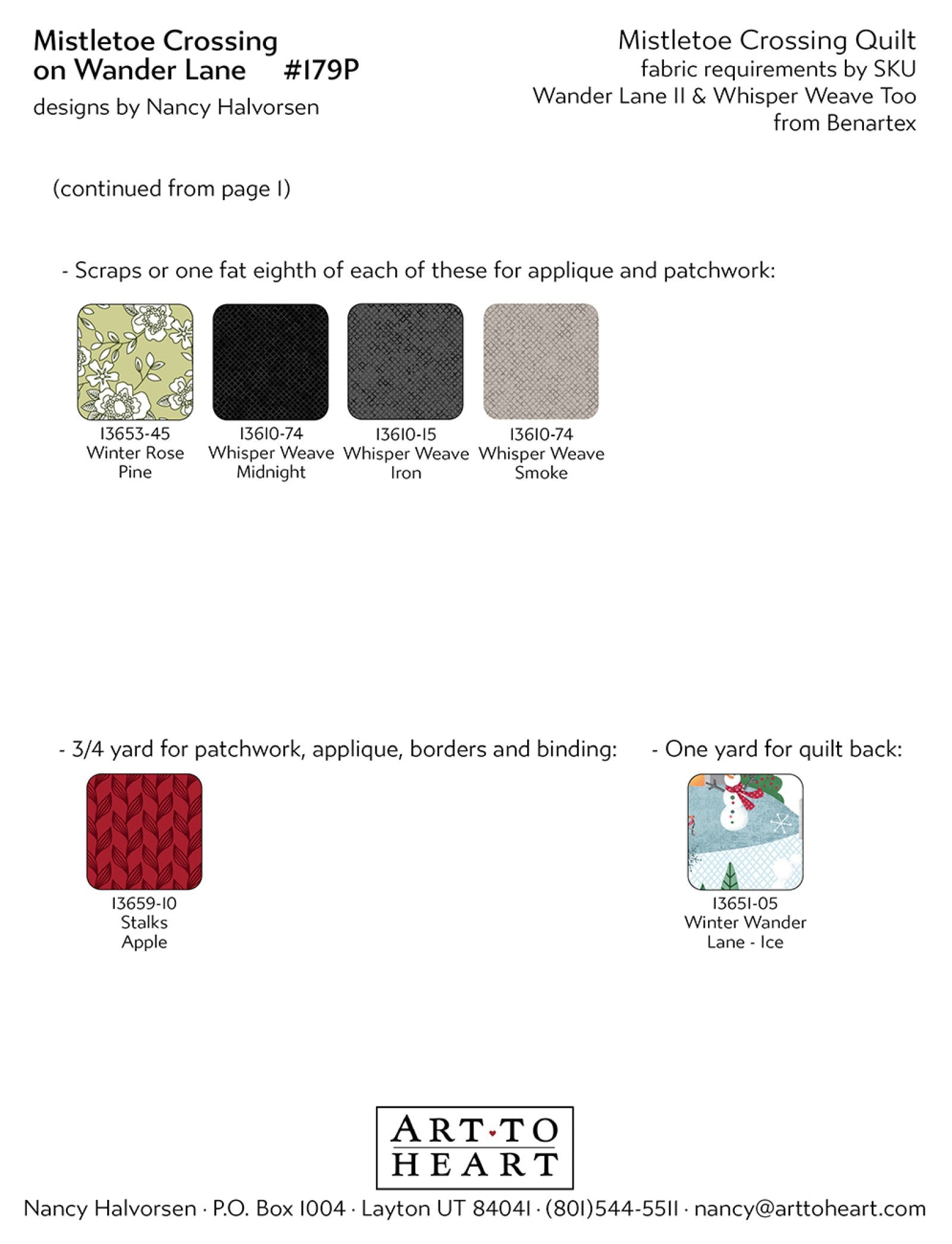 Continued fabric requirements page for the Mistletoe Crossing quilt with additional color swatches for patchwork, borders, binding, and quilt backing.