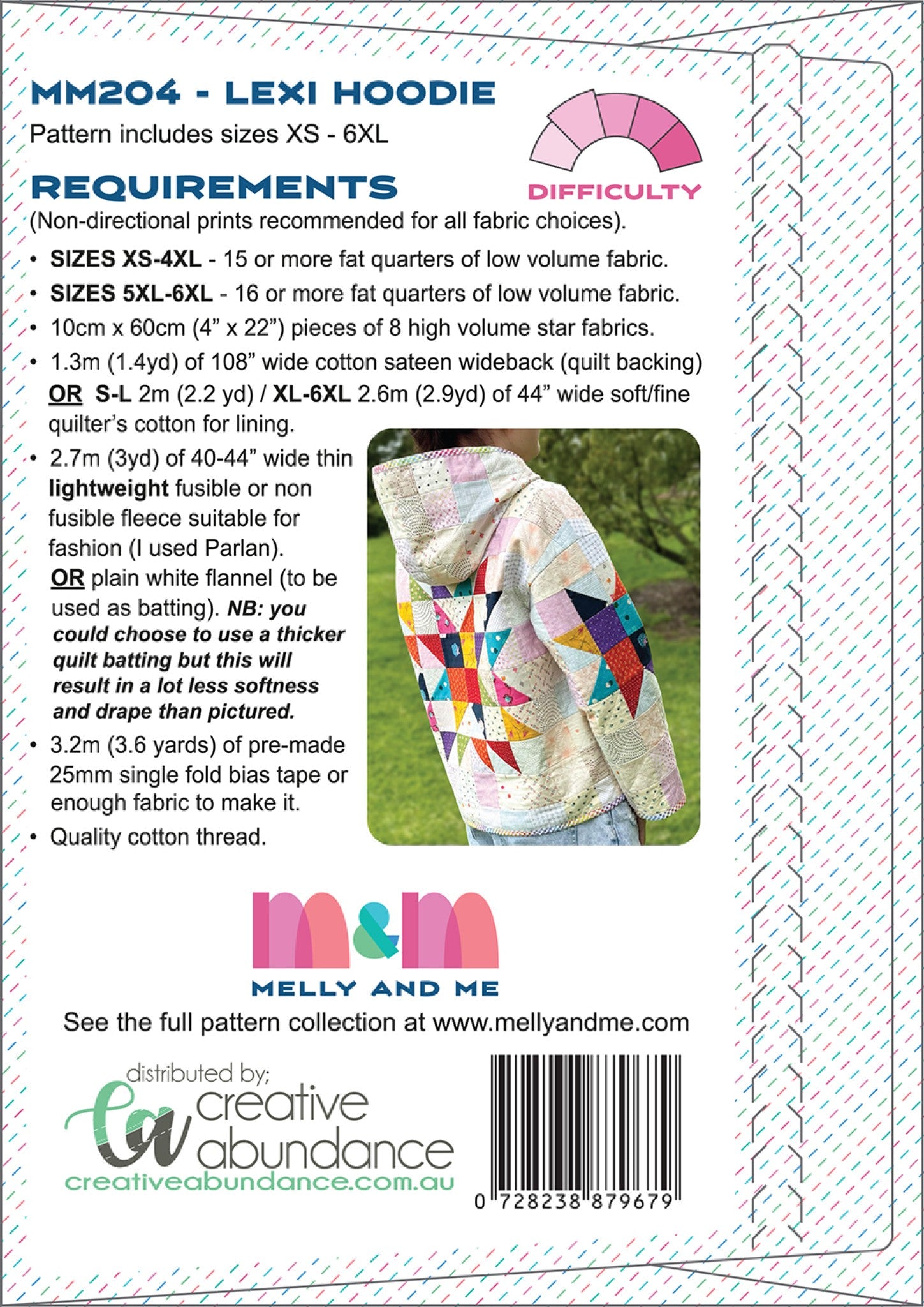 Back cover of the Lexi Hoodie sewing pattern (MM204) by Melanie McNeice for Melly & Me. It lists fabric and supply requirements, notes sizes XS to 6XL, and shows a difficulty gauge, alongside a photo of the hoodie worn from the side with the hood up and a pieced star on the back.