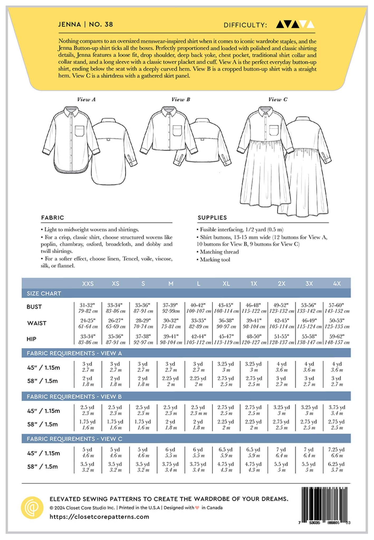 Jenna Button Up Shirt And Dress Sewing Pattern by  Heather Lewenza from Closet Core Patterns